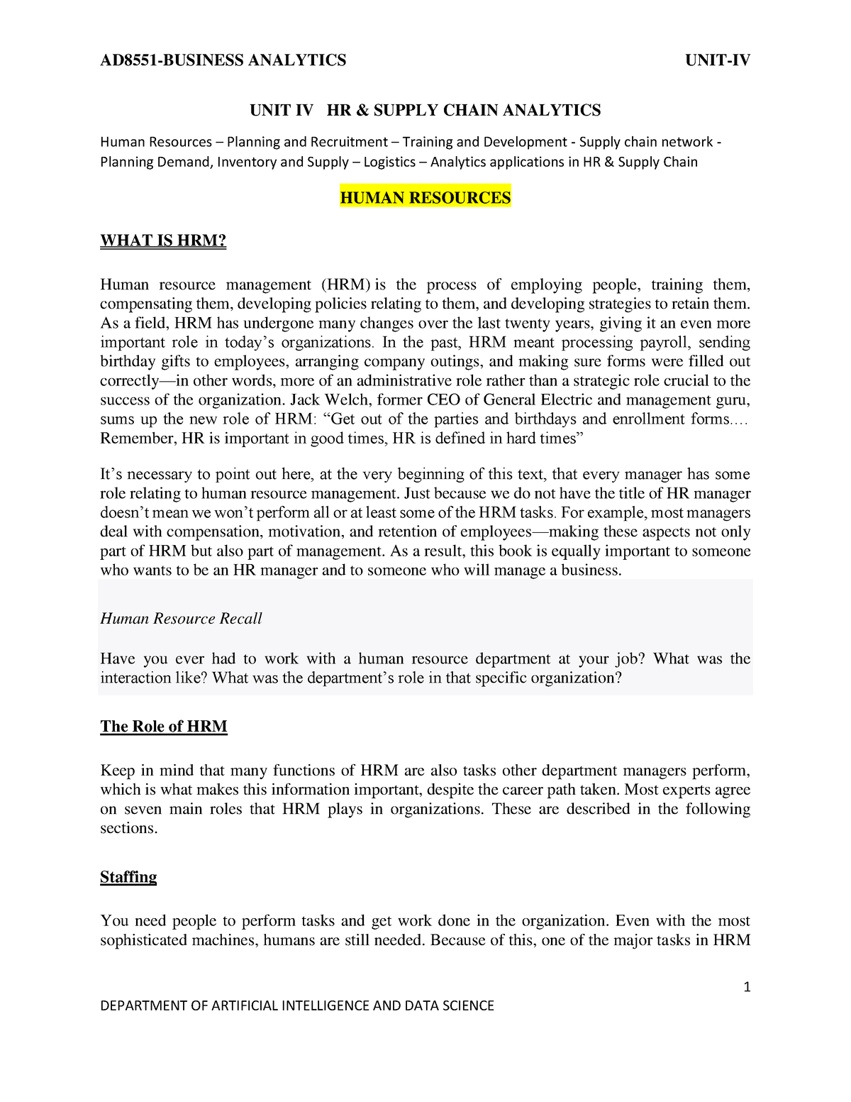 BA UNIT4 - Unit 4 - 1 UNIT IV HR & SUPPLY CHAIN ANALYTICS Human ...