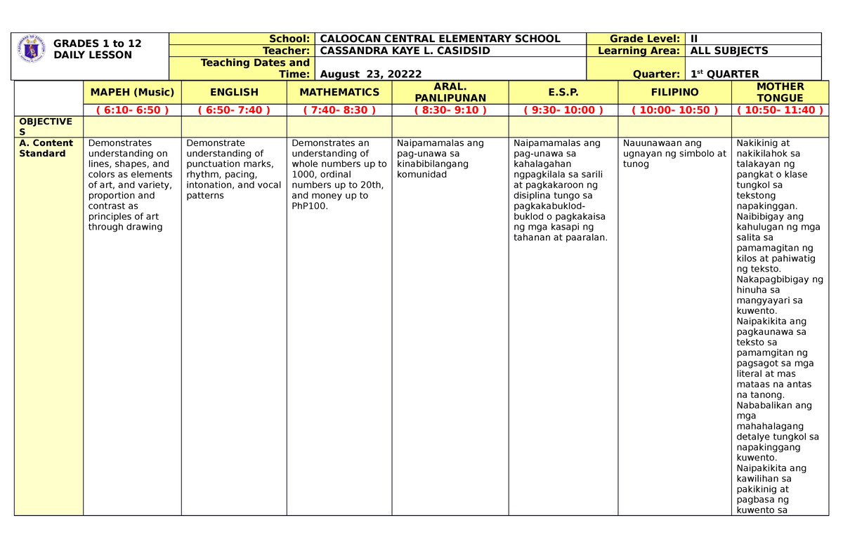 Q1 W1 D2 Dll - Grade 2 Lesson Plan- MELC BASED- All Subjects - School ...