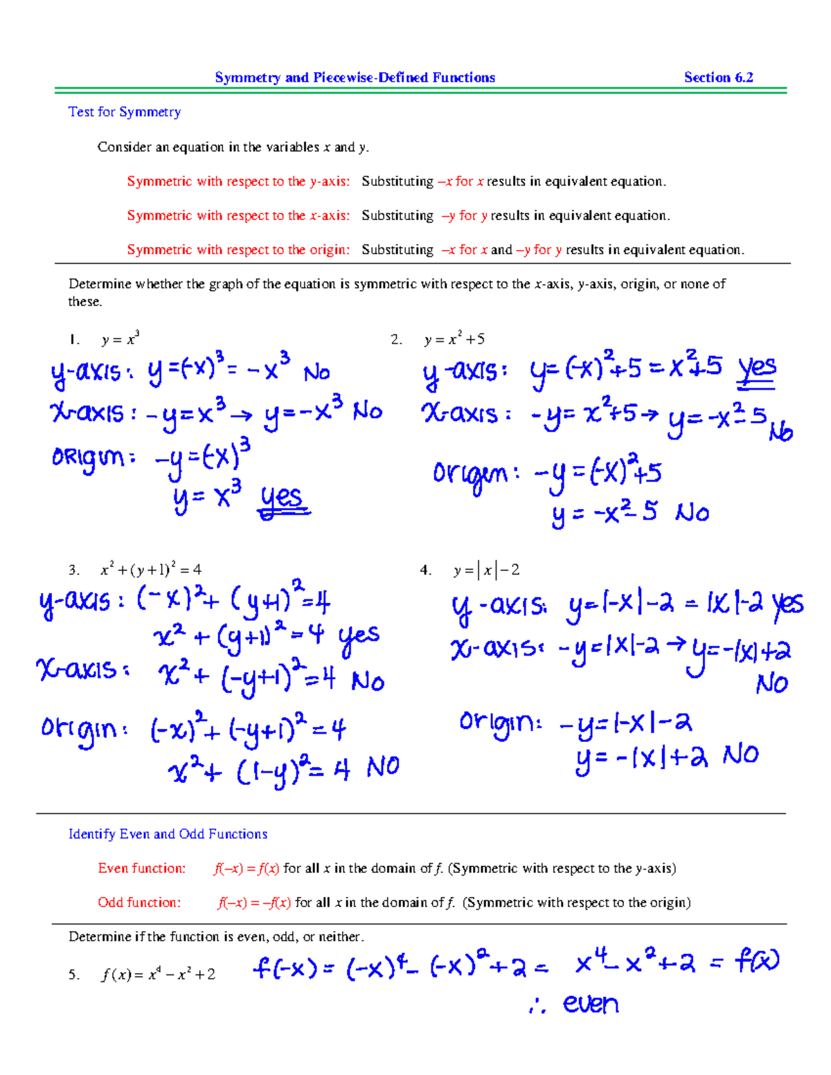 Section 6.2 Edited - Symmetry and Piecewise-Defined Functions Section 6 ...