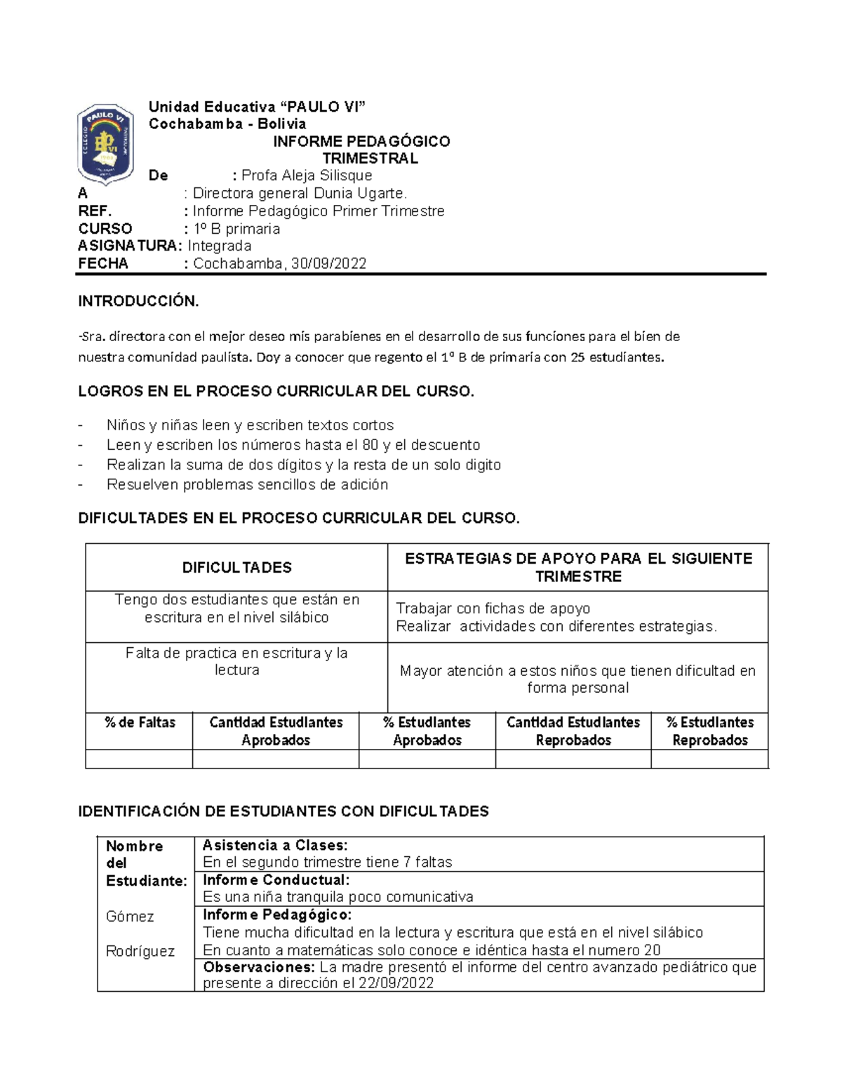 Formato de Informe del Trimestre aleja 2 - Unidad Educativa “PAULO VI ...