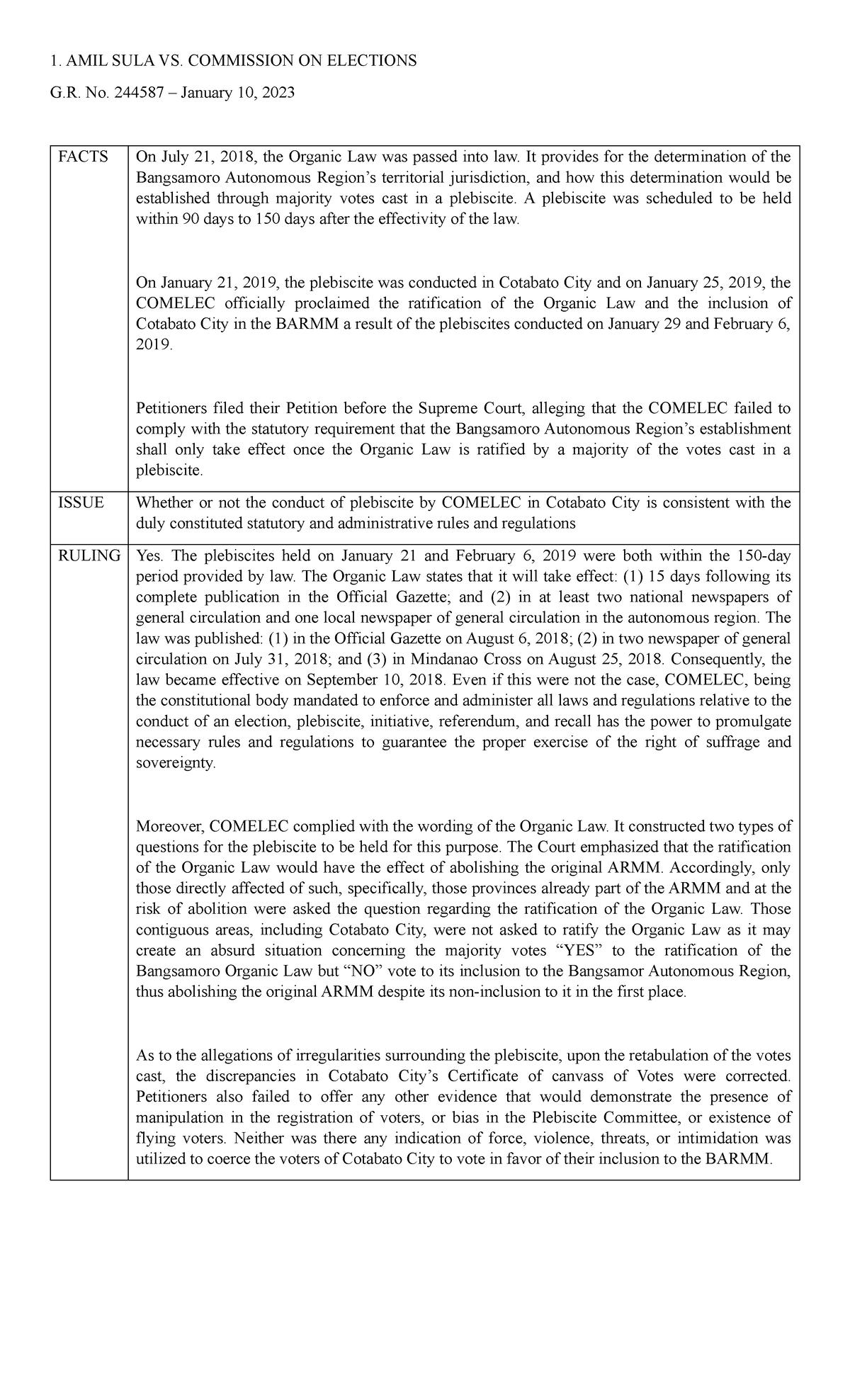 Finals-CASE-D - Enjoy - 1. AMIL SULA VS. COMMISSION ON ELECTIONS G. No ...