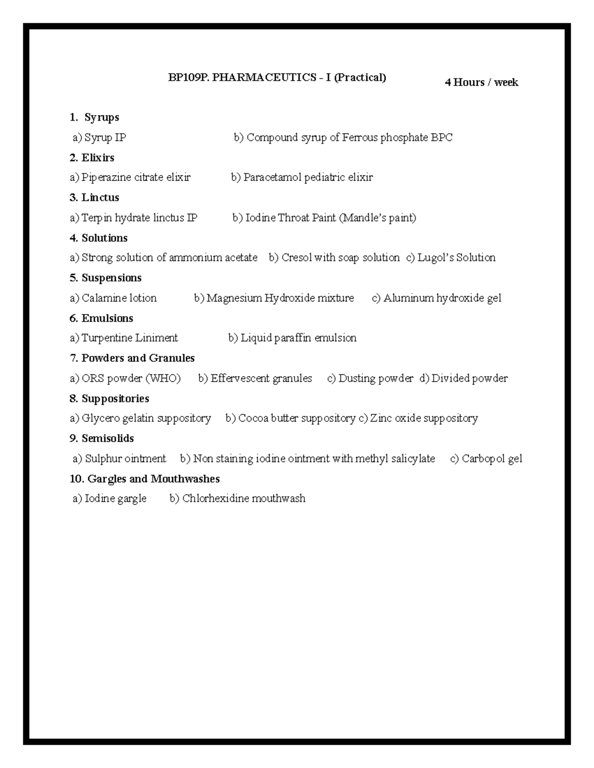 Pharmaceutics I LAB Manual Syrups BP109P. PHARMACEUTICS I