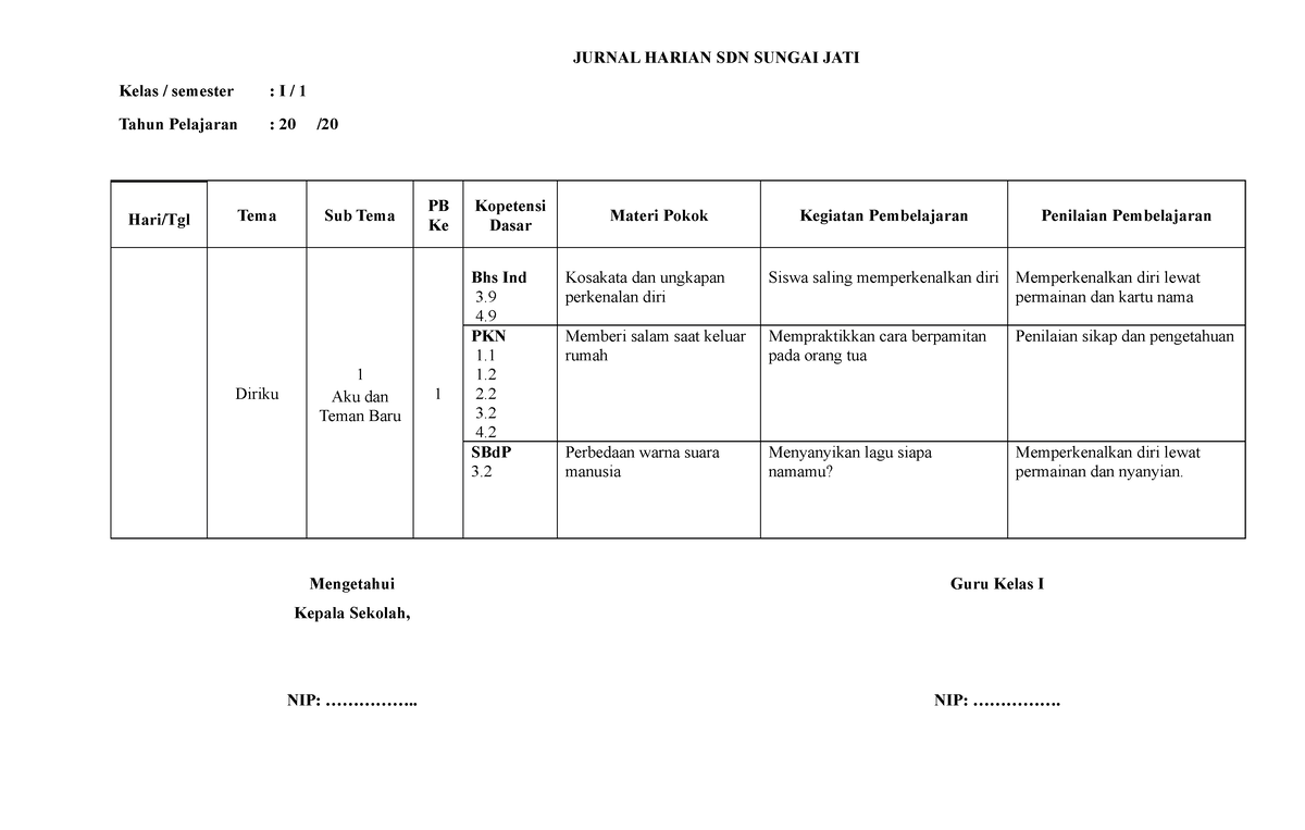 Jurnal Harian Semester 1 - JURNAL HARIAN SDN SUNGAI JATI Kelas ...