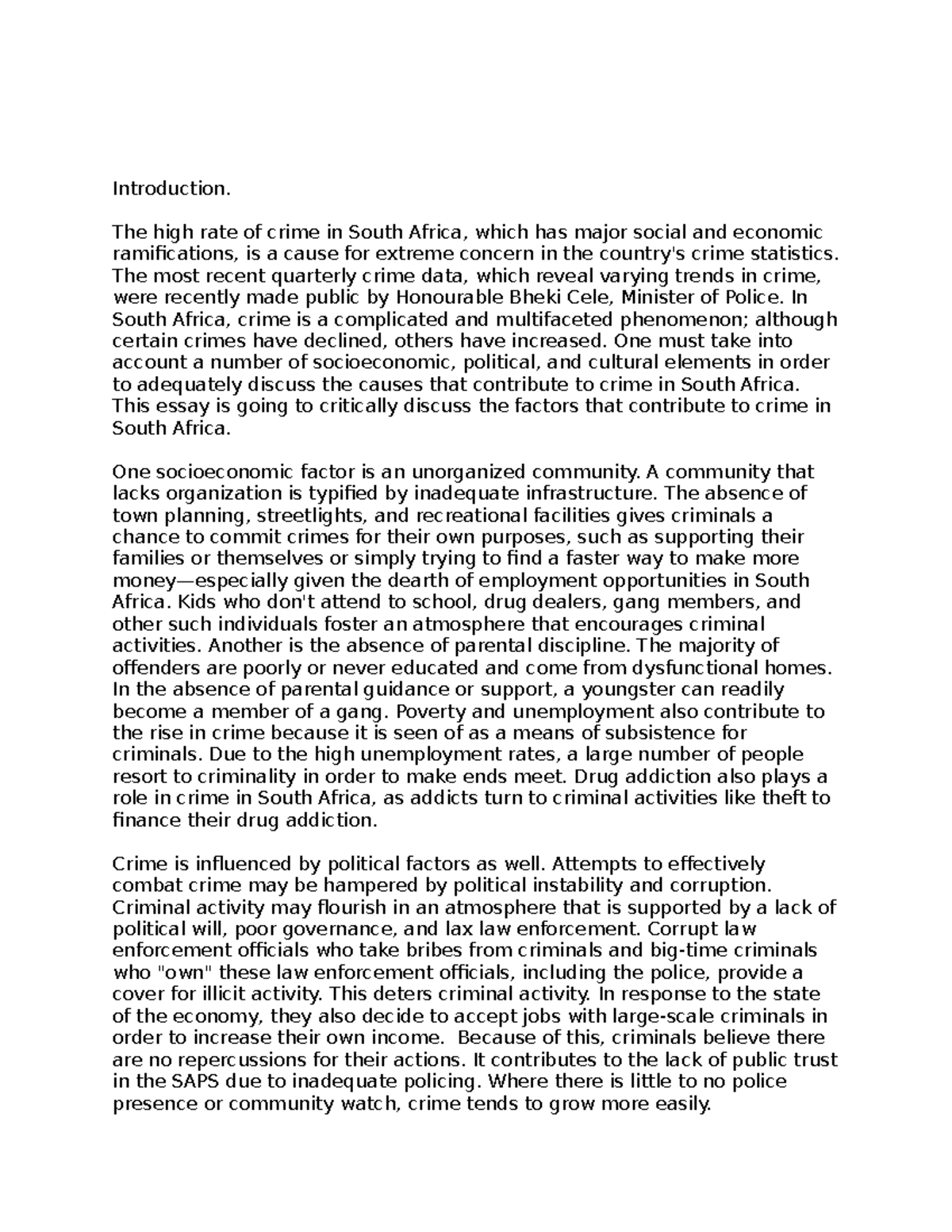 CFSD101 Test - Introduction. The high rate of crime in South Africa ...