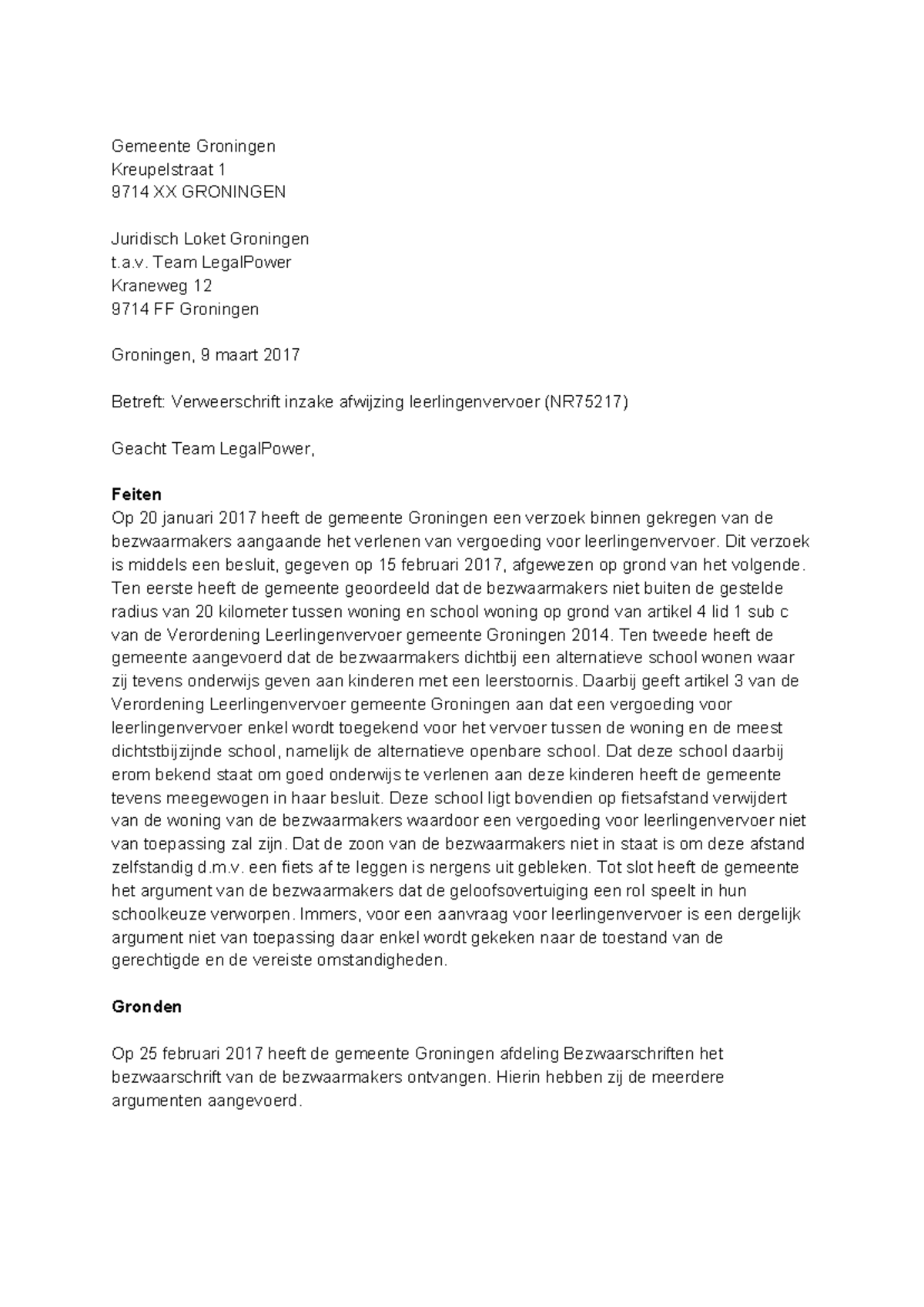 Verweerschrift JUA blok 2.3 d.d. 9 maart 2017  Gemeente Groningen