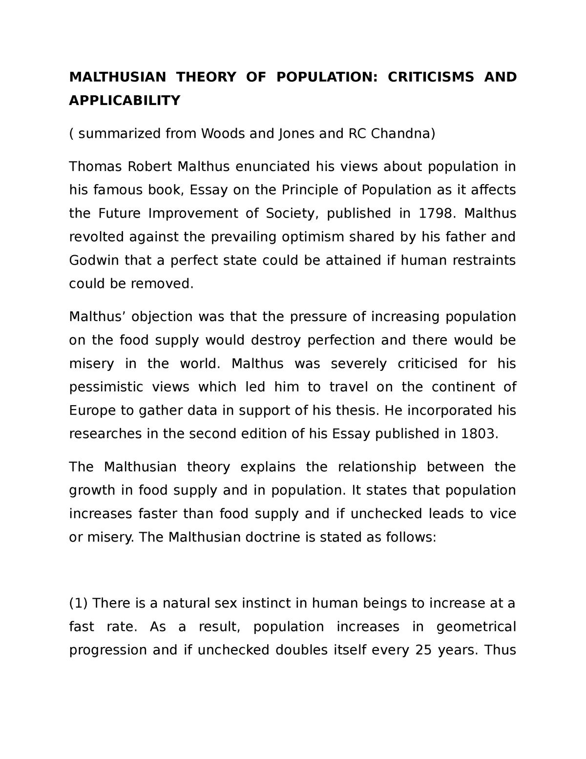 malthus essay on the principle of population summary