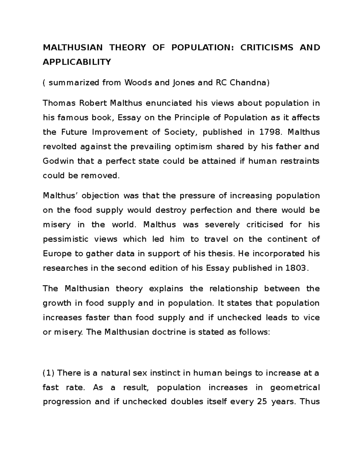 malthus essay on the principle of population summary