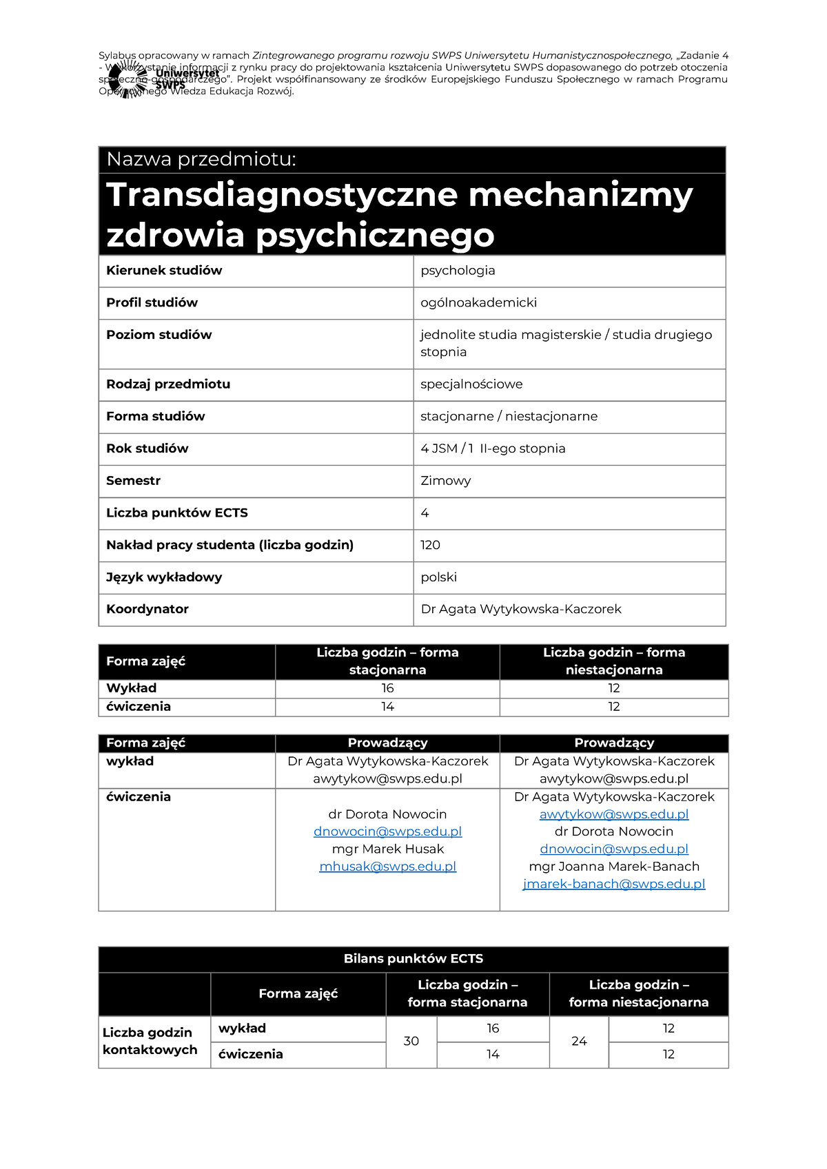 Sylabus Do Zajęć - Sylabus Opracowany W Ramach Zintegrowanego Programu ...