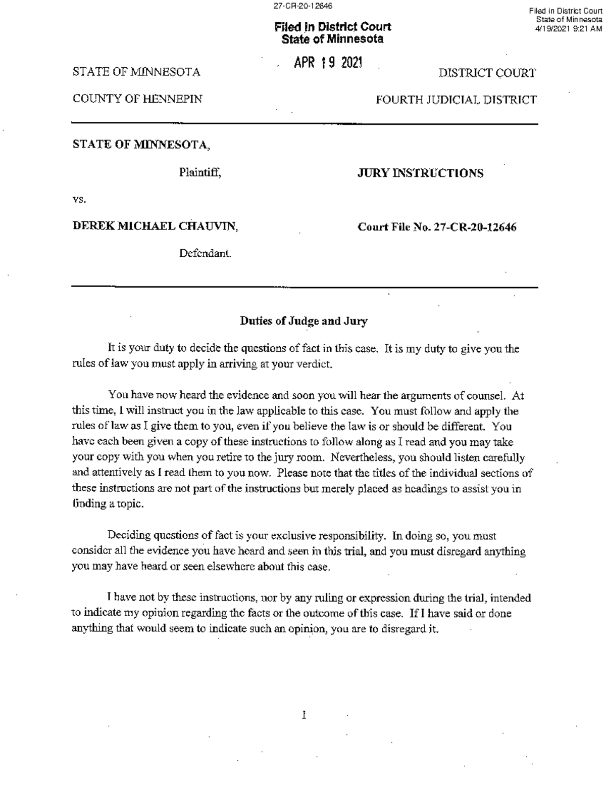 Statev ChauvinJury Instructions State of Minnesota Filed in Distrlct