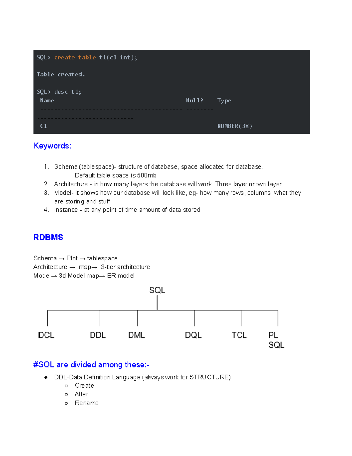 Database - Lecture notes all - SQL> create table t1(c1 int); Table ...