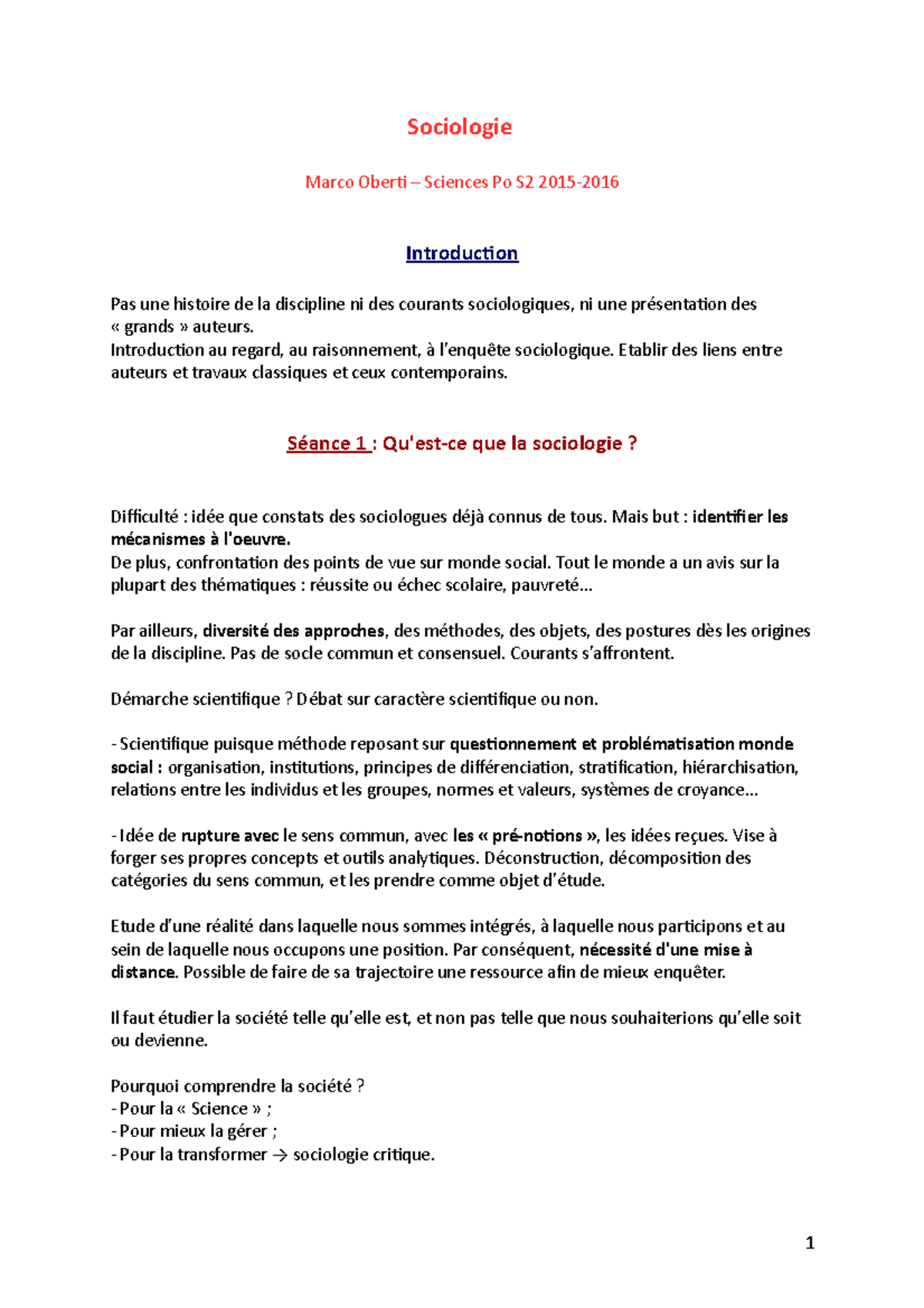 Sociologie Notes De Cours 1 12 Sociologie Marco Oberti Sciences