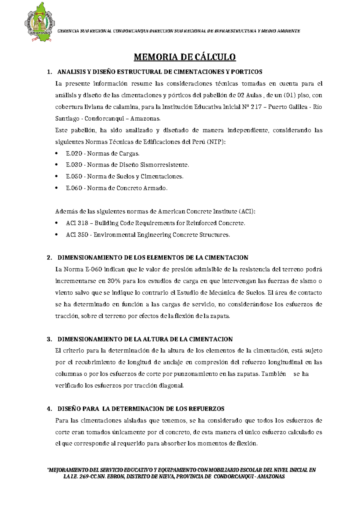 Memoria DE Calculo - MEMORIA DE CÁLCULO 1. ANALISIS Y DISEÑO