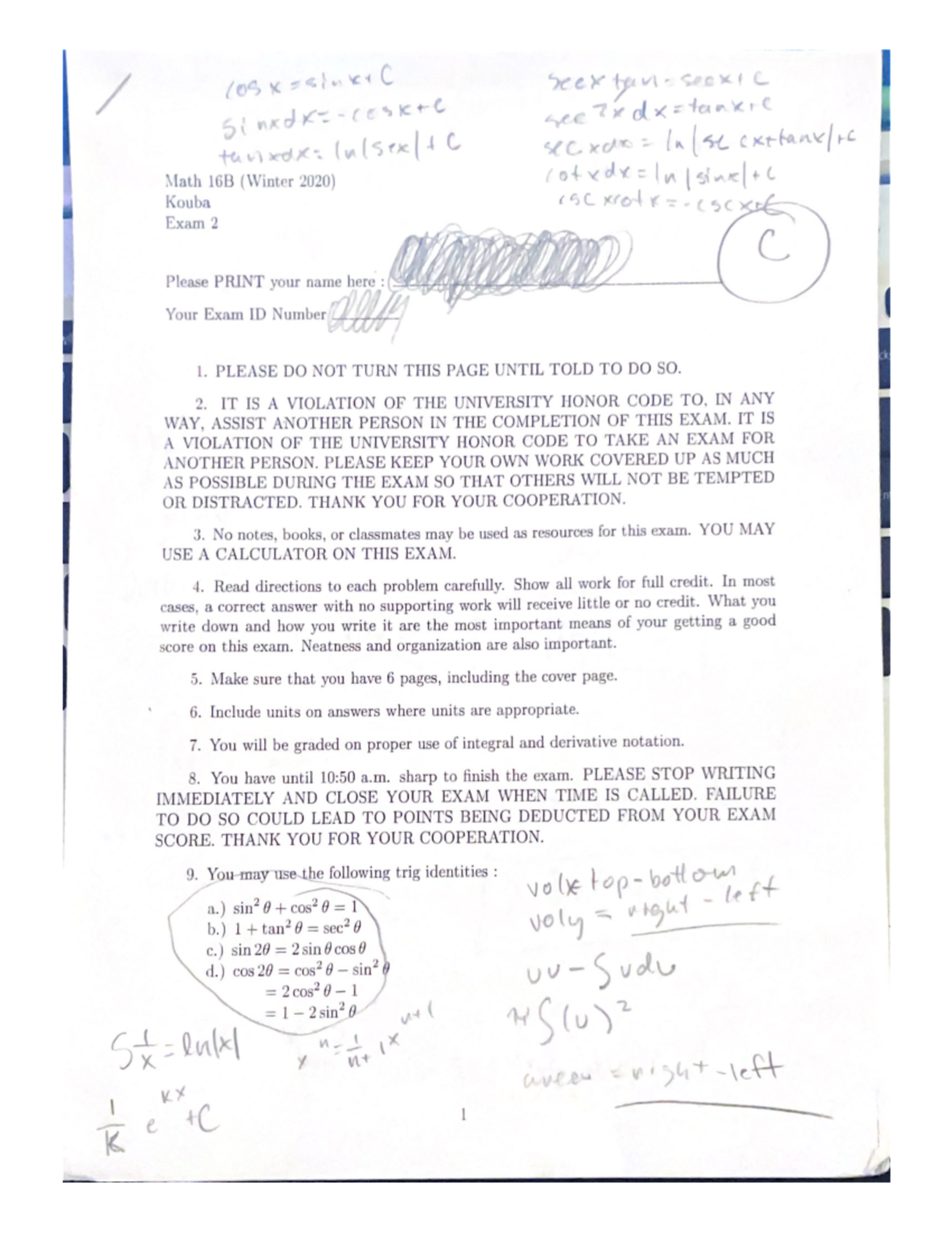 Math 16B (Winter 2020) - Professor Kouba, Practice exam with answers ...