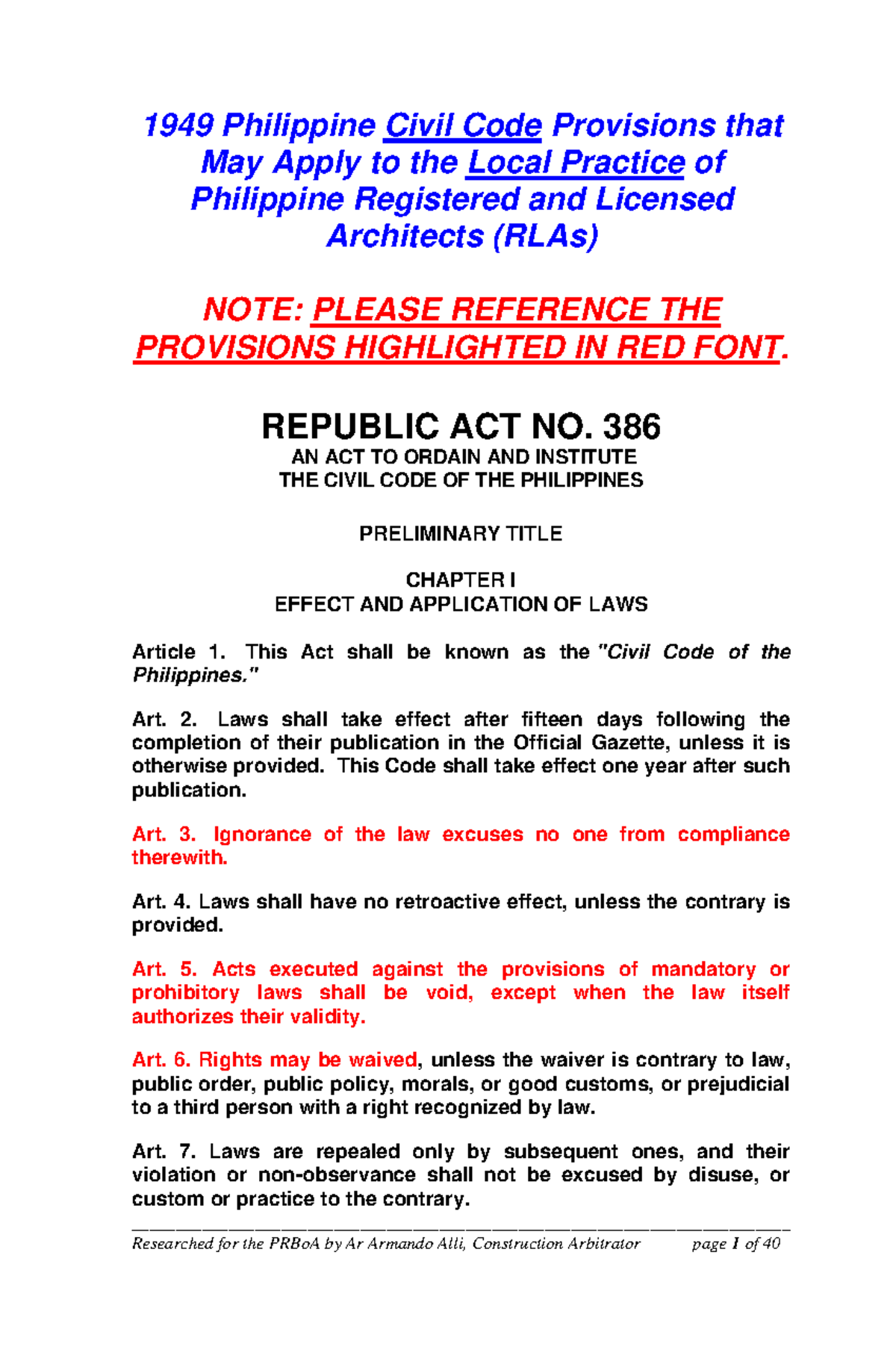 Civil Code for Architects 1949 Philippine Civil Code Provisions that