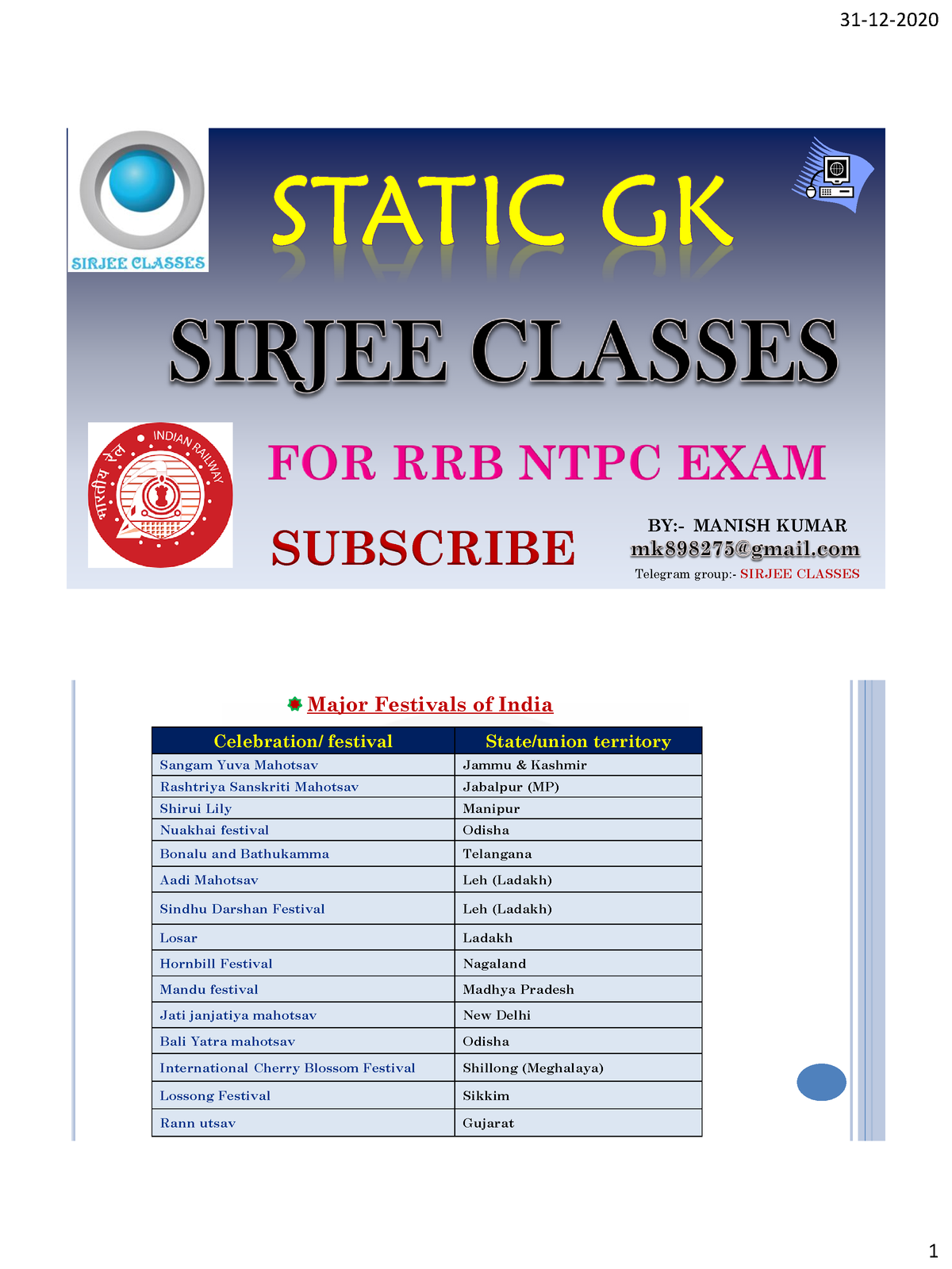 Static GK FOR RRB NTPC EXAM - SUBSCRIBE Telegram group:- SIRJEE CLASSES ...