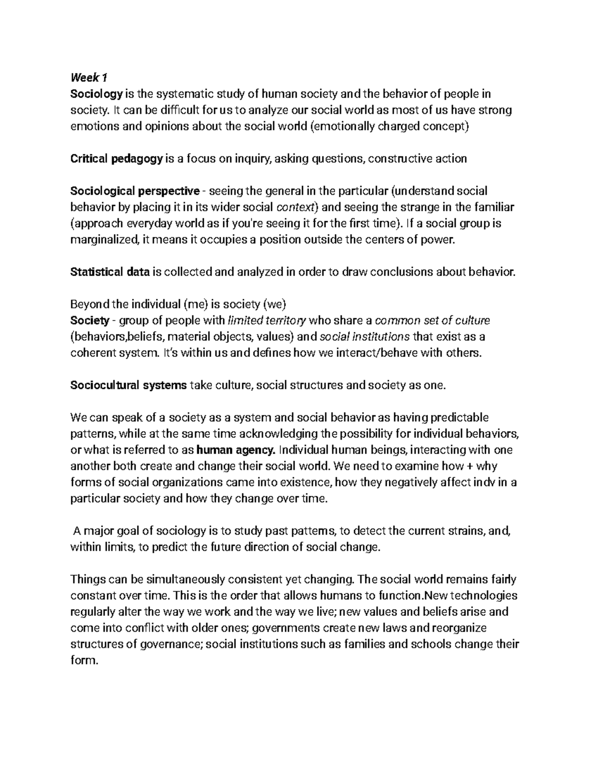 SOC103 Notes - Week 1 Sociology is the systematic study of human ...