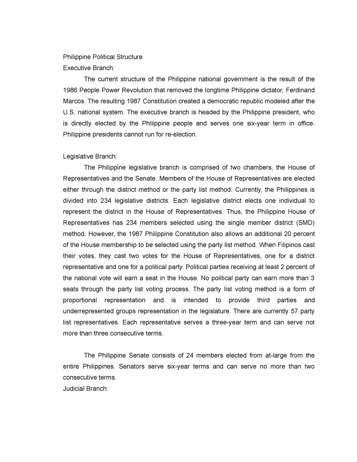 2 paragraph essay about the philippine political structure