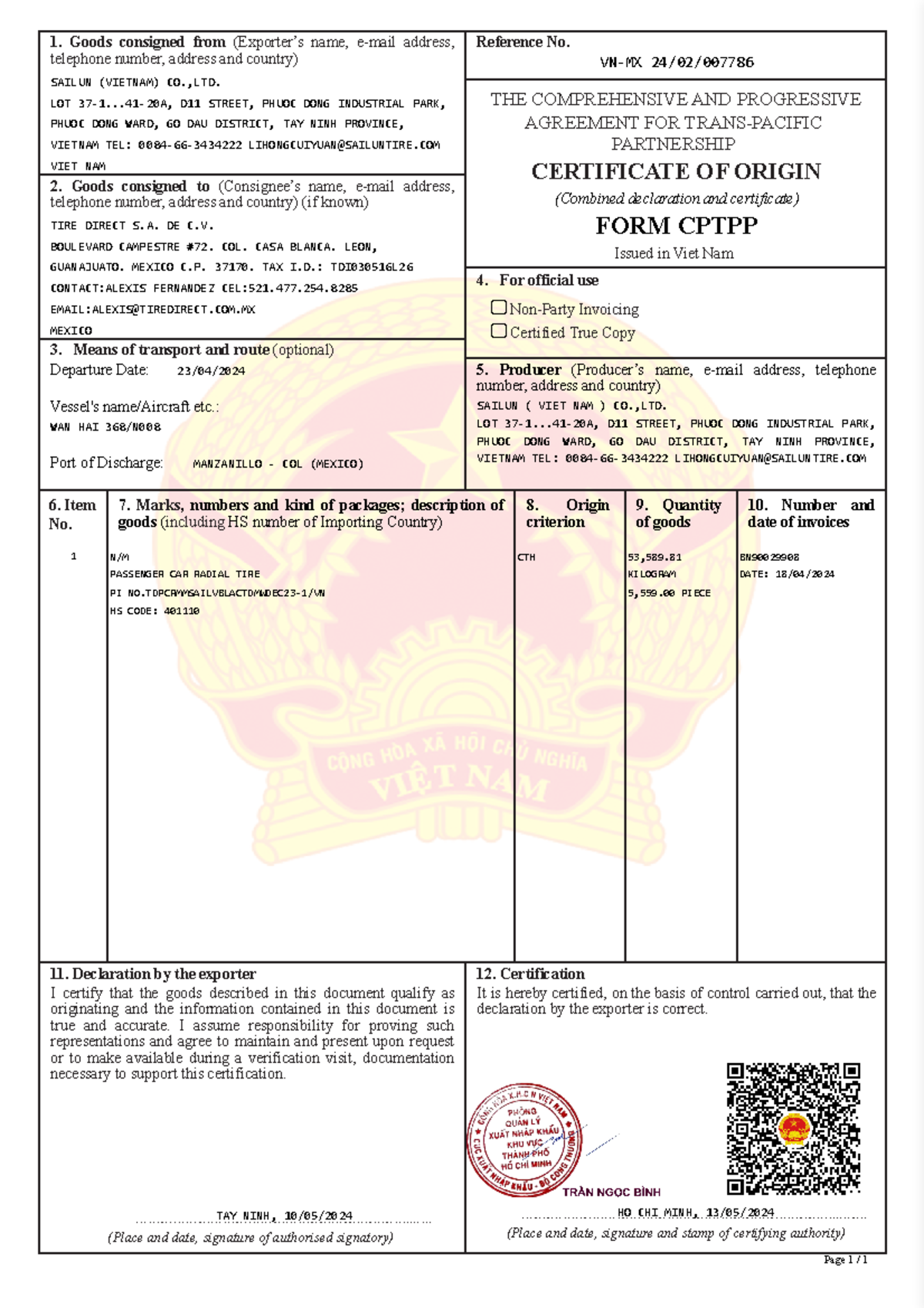 Certificate Form Cptpp, Certificate No VN-MX 24 02 007786 BN90029908 ...