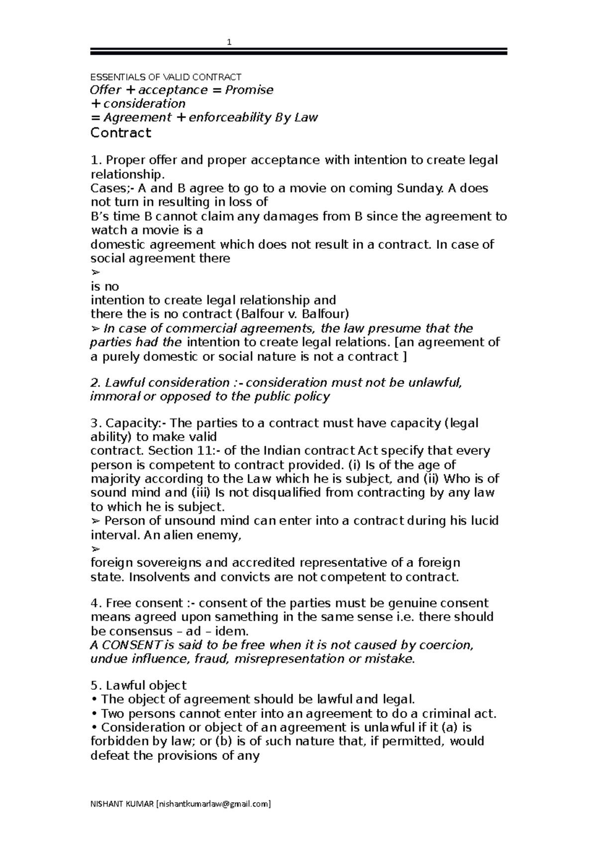 CONTRACT NOTES BY NISHANT - ESSENTIALS OF VALID CONTRACT _Ofer ...