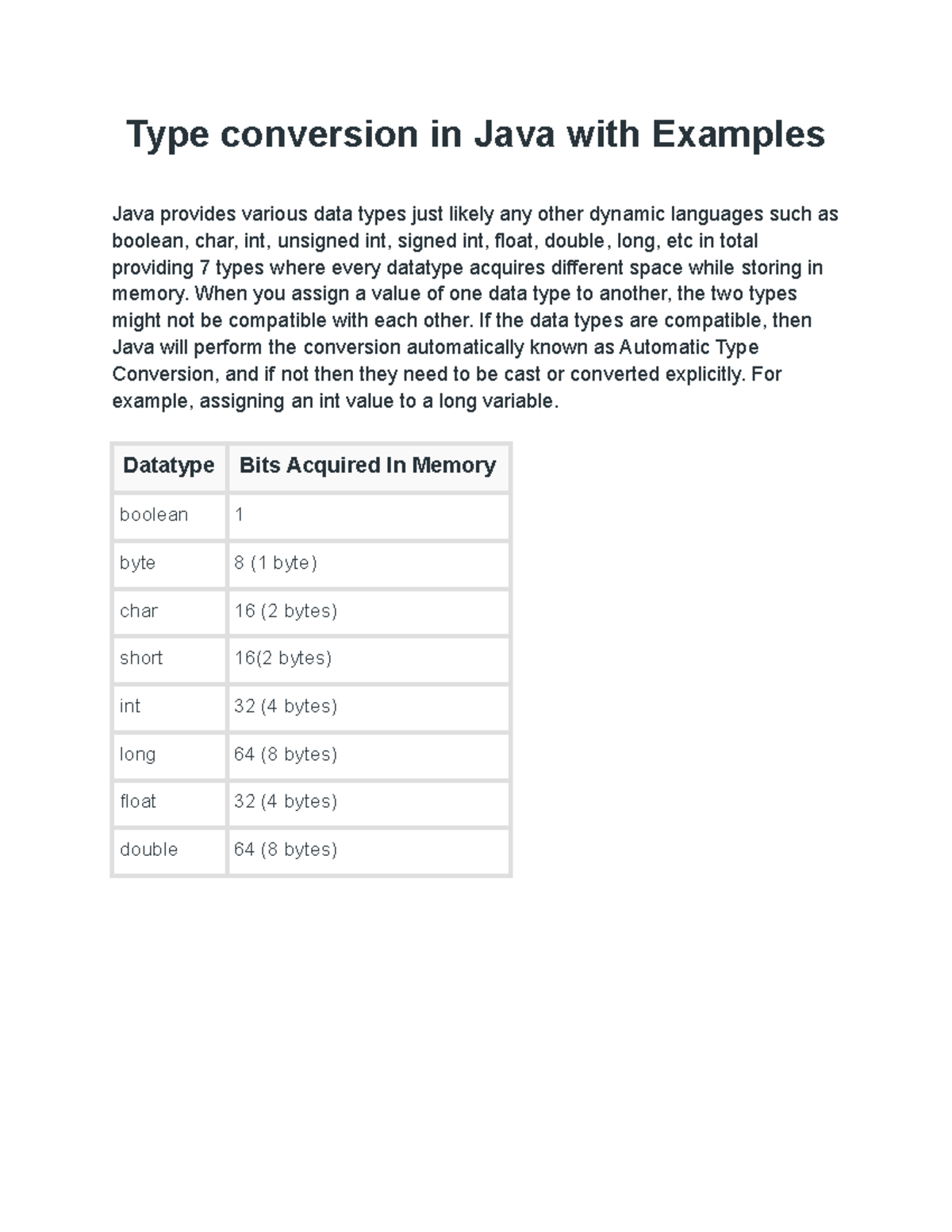 Type conversion in Java with Examples When you assign a value of one