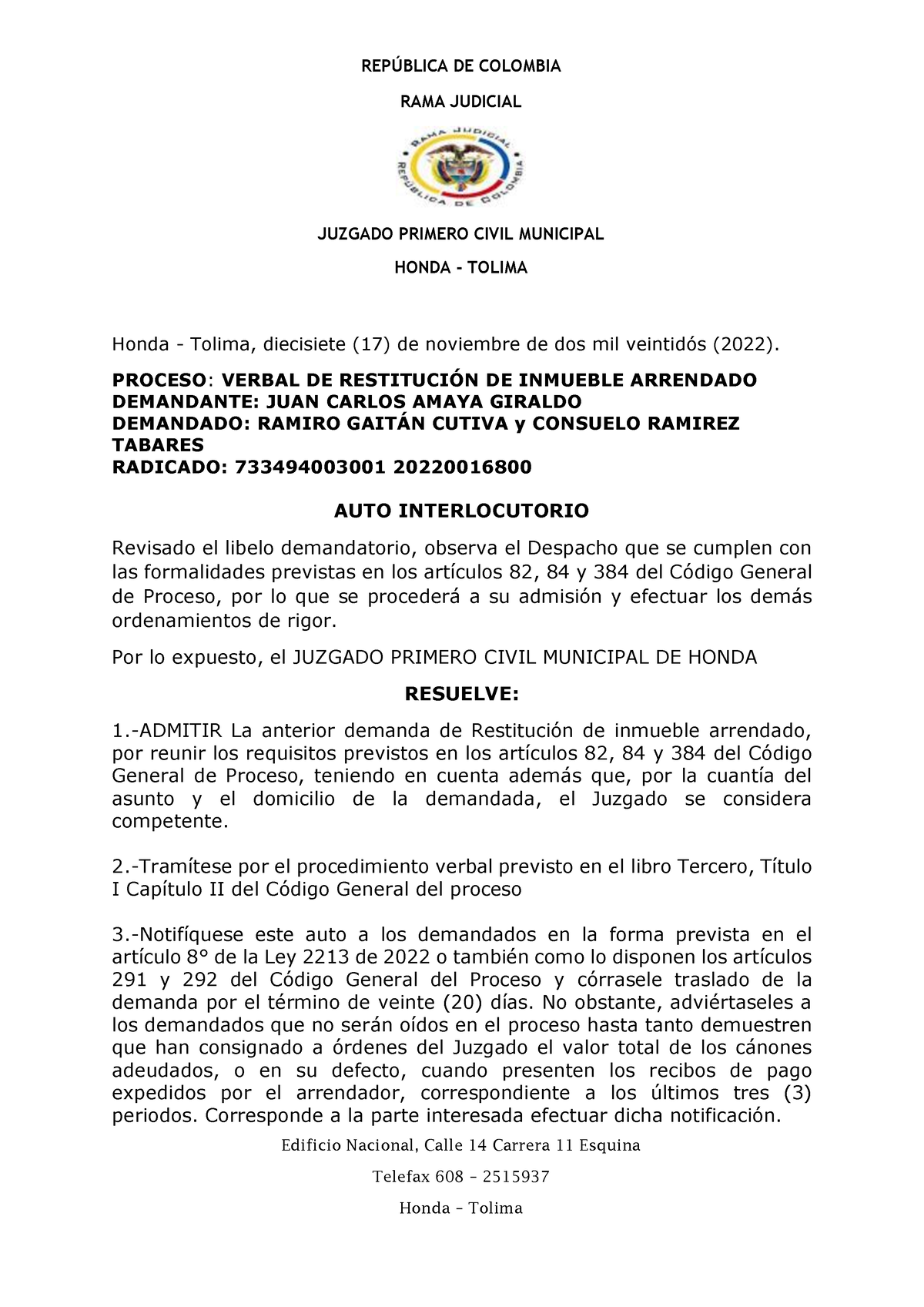 04Auto Admisorio - DEMANDA - REPÚBLICA DE COLOMBIA RAMA JUDICIAL ...