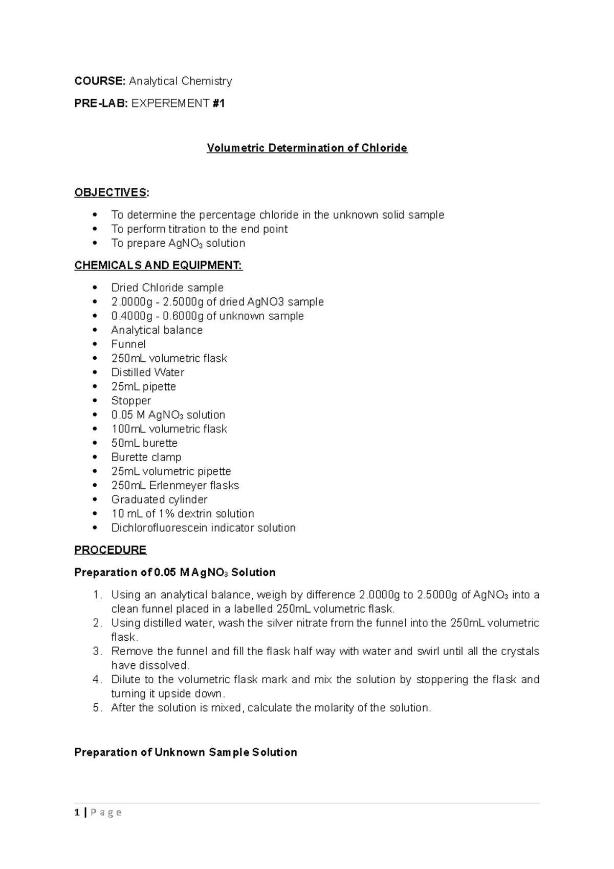 Pre-lab Procedure #1 - The main objective of this assay is to find the ...