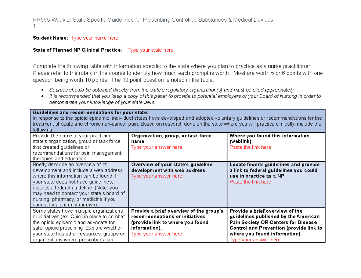 NR565 Week 2 State Specific Guidelines for Prescribing Controlled ...