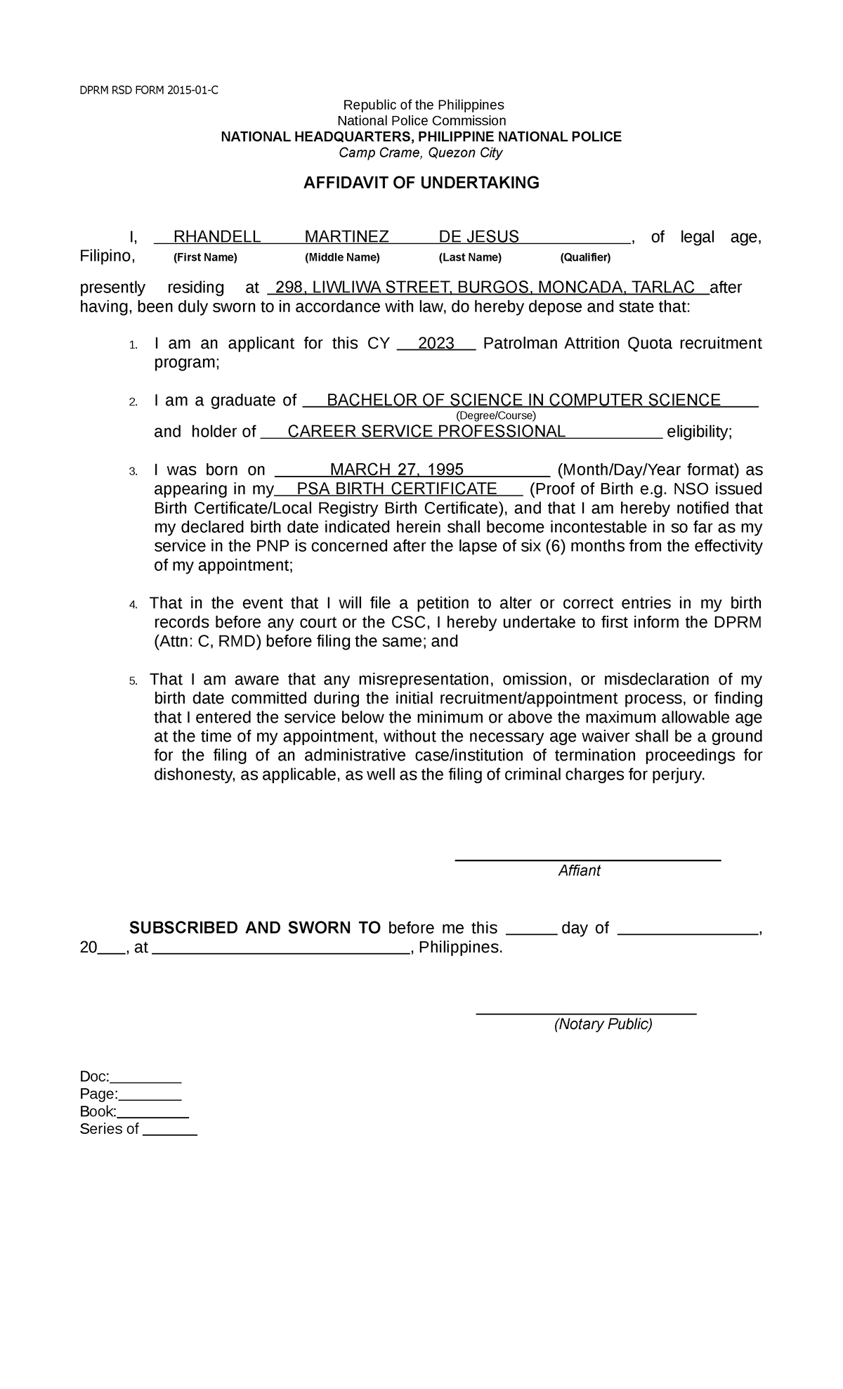 Affidavit of Undertaking Regarding Incontestability of Declared Birth ...