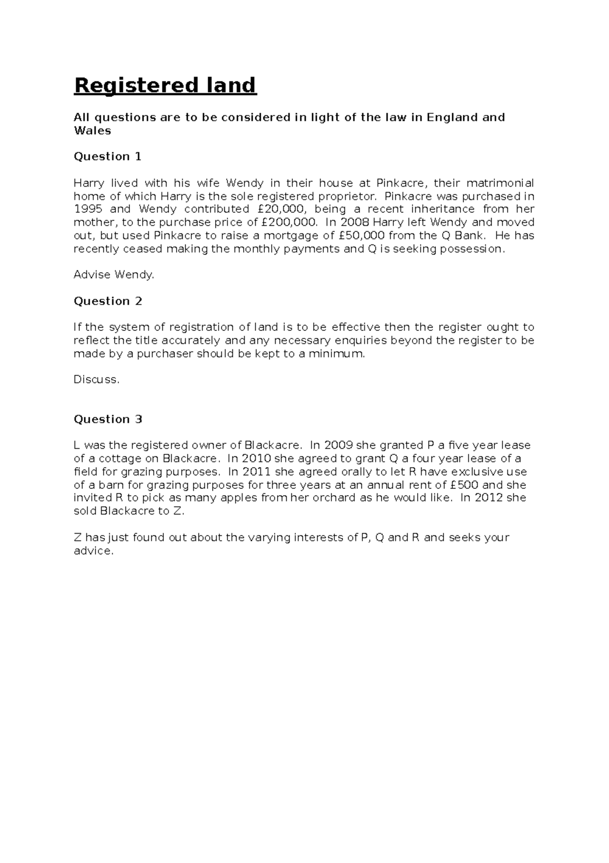 Registered Land Seminar Questions (revised again) Registered land