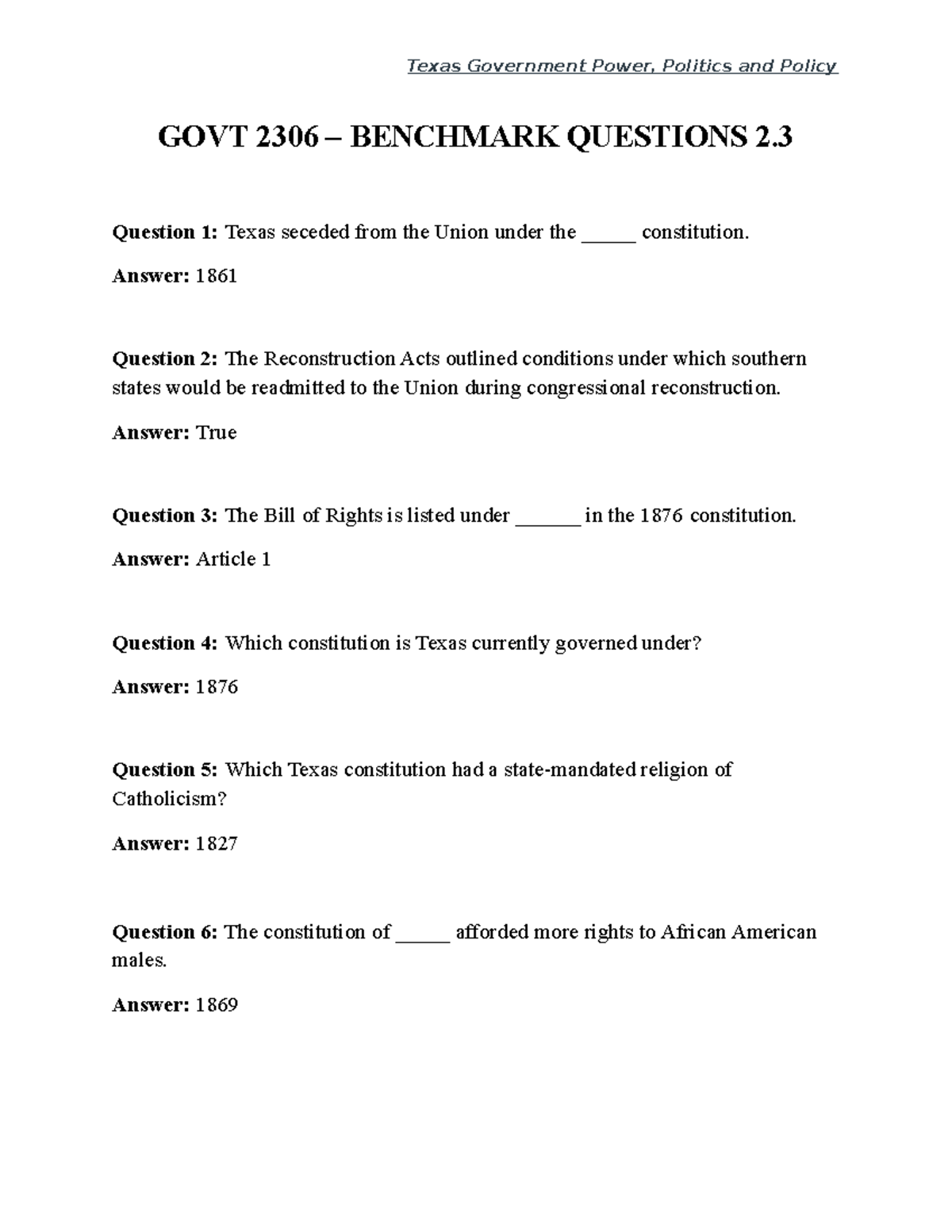 GOVT2306 Chapter 2.3 Questions and Answers Texas Government Power