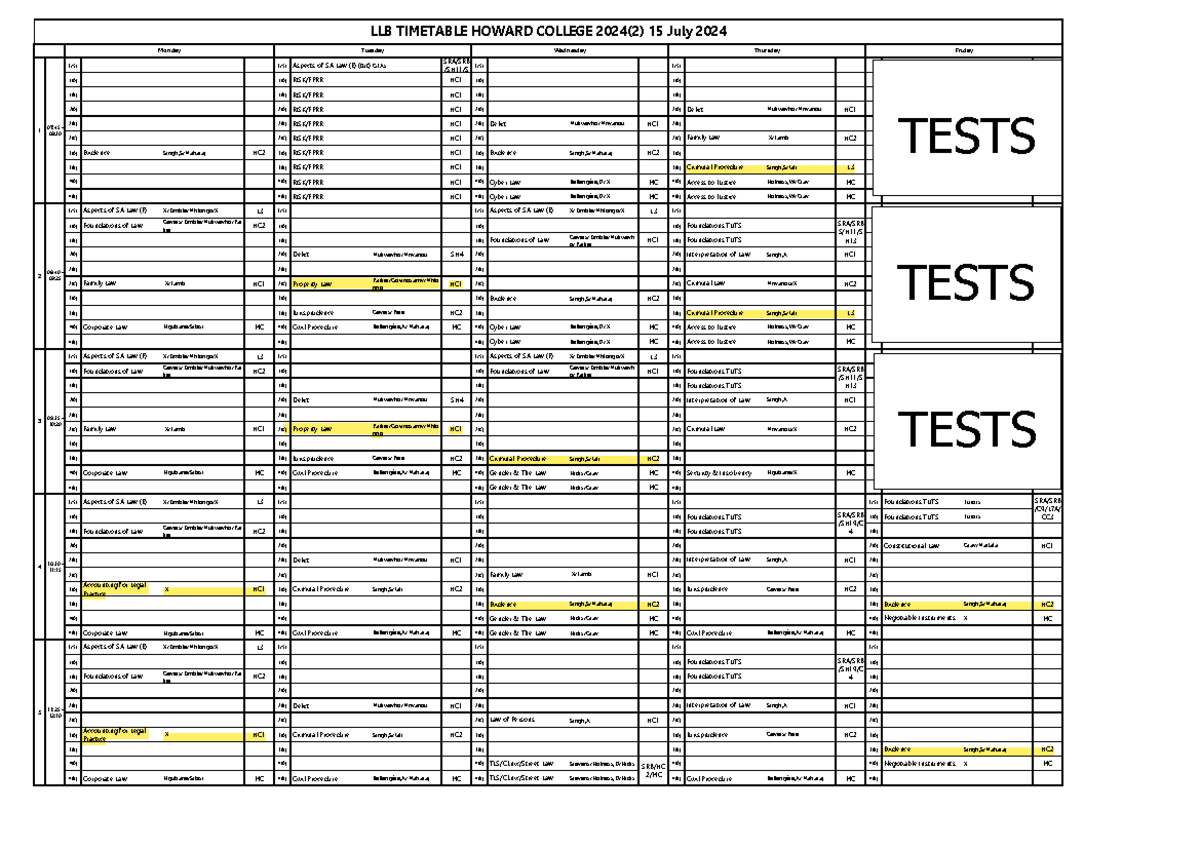 LLB HC timetable 20242 v4 - L/S1 L/S1 Aspects of SA Law (E) (tut) GTAs ...