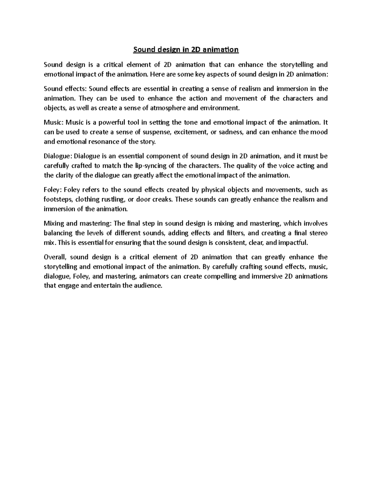 Sound design in 2D animation Here are some key aspects of sound design in 2D animation Sound