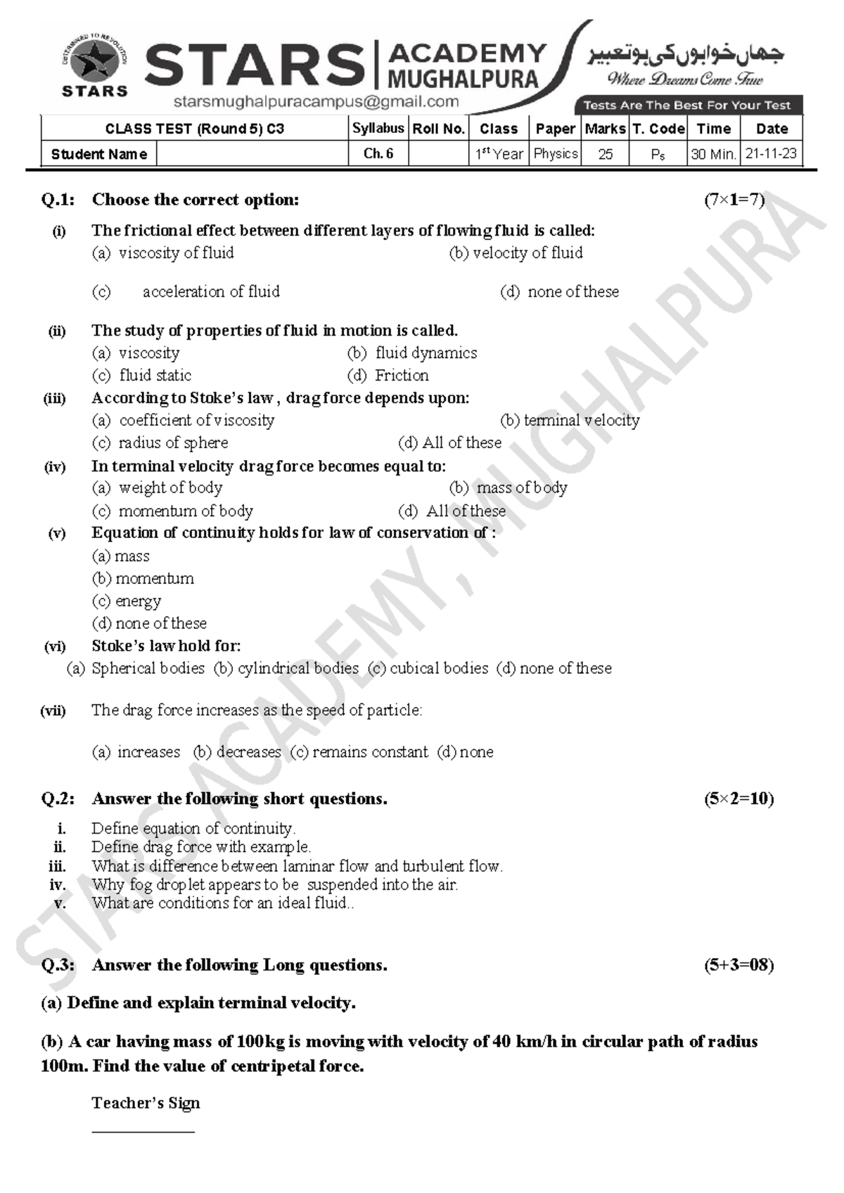 Chapter 6 - CLASS TEST (Round 5) C3 Syllabus Roll No. Class Paper Marks ...