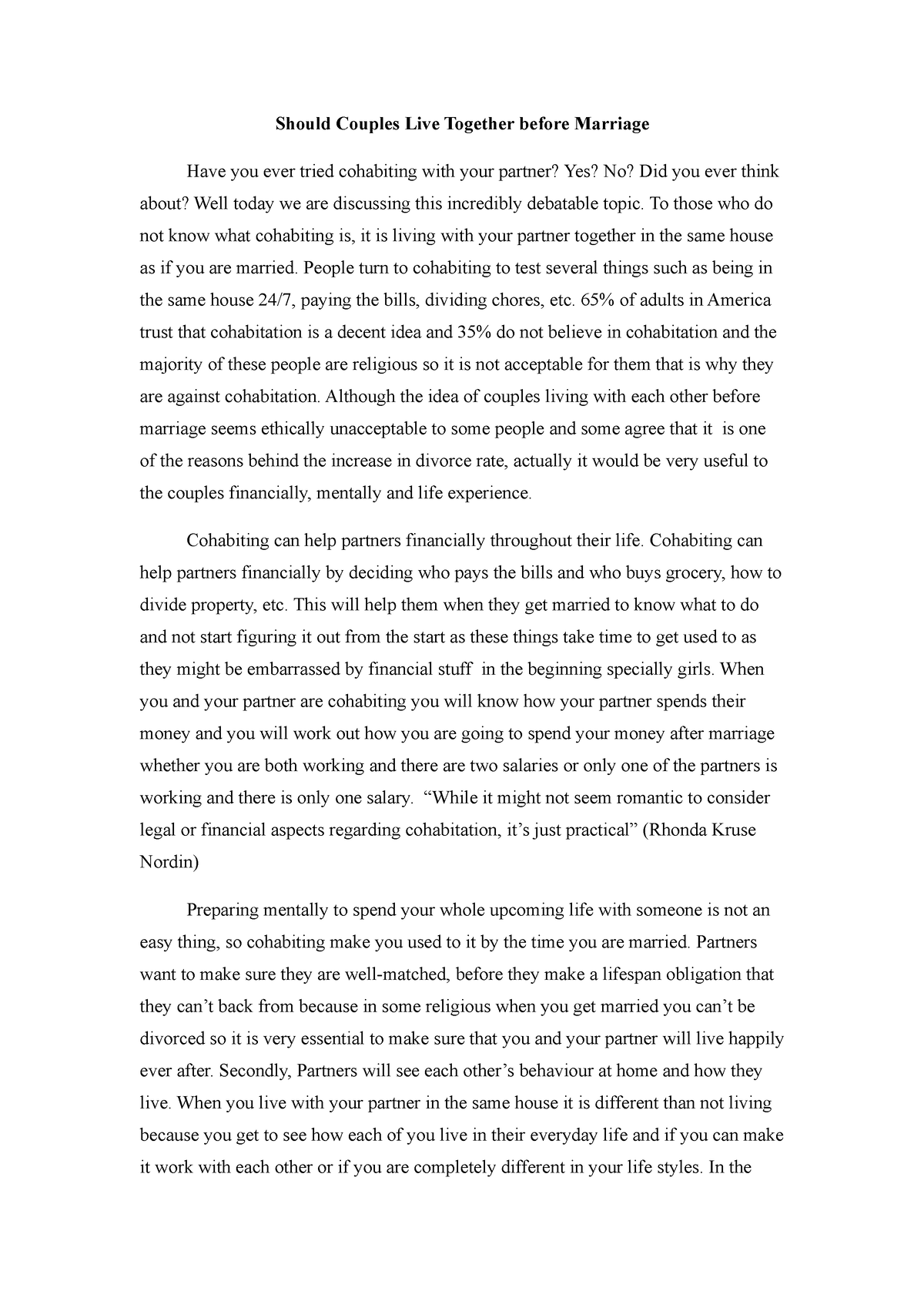 should couples live together before marriage essay