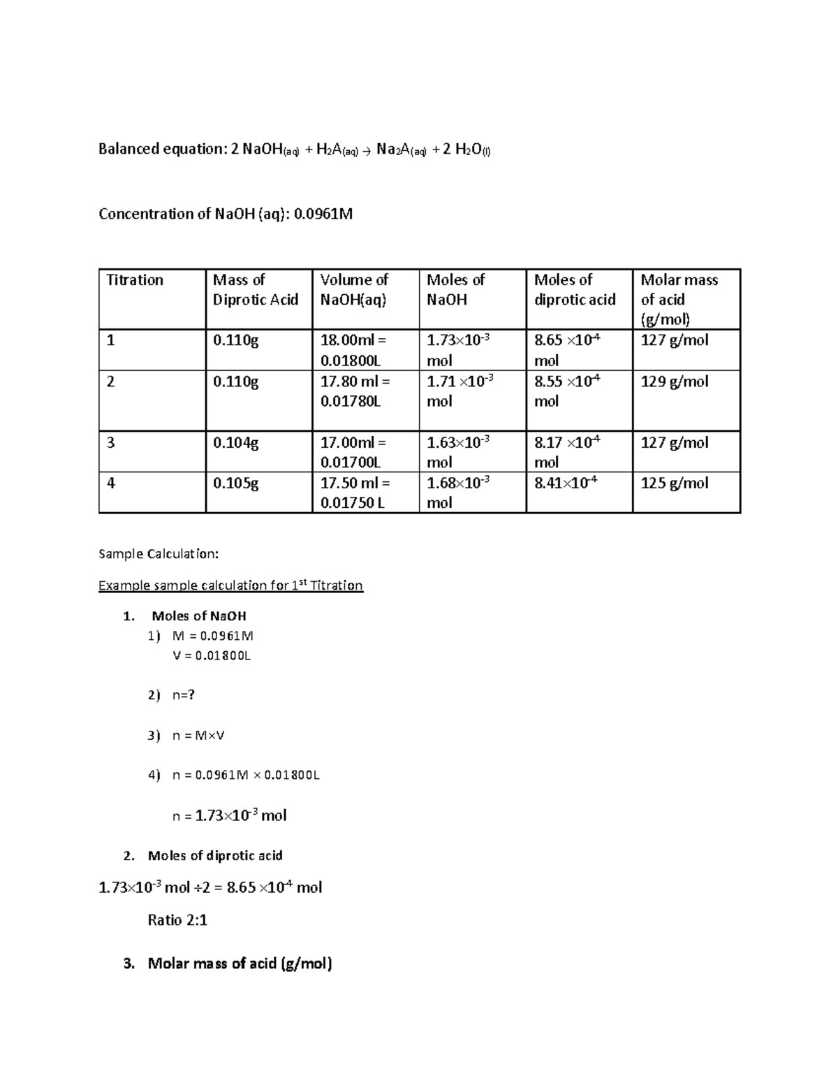 Titration of diprotic acid lab Balanced equation 2 NaOH(aq) + H 2 A
