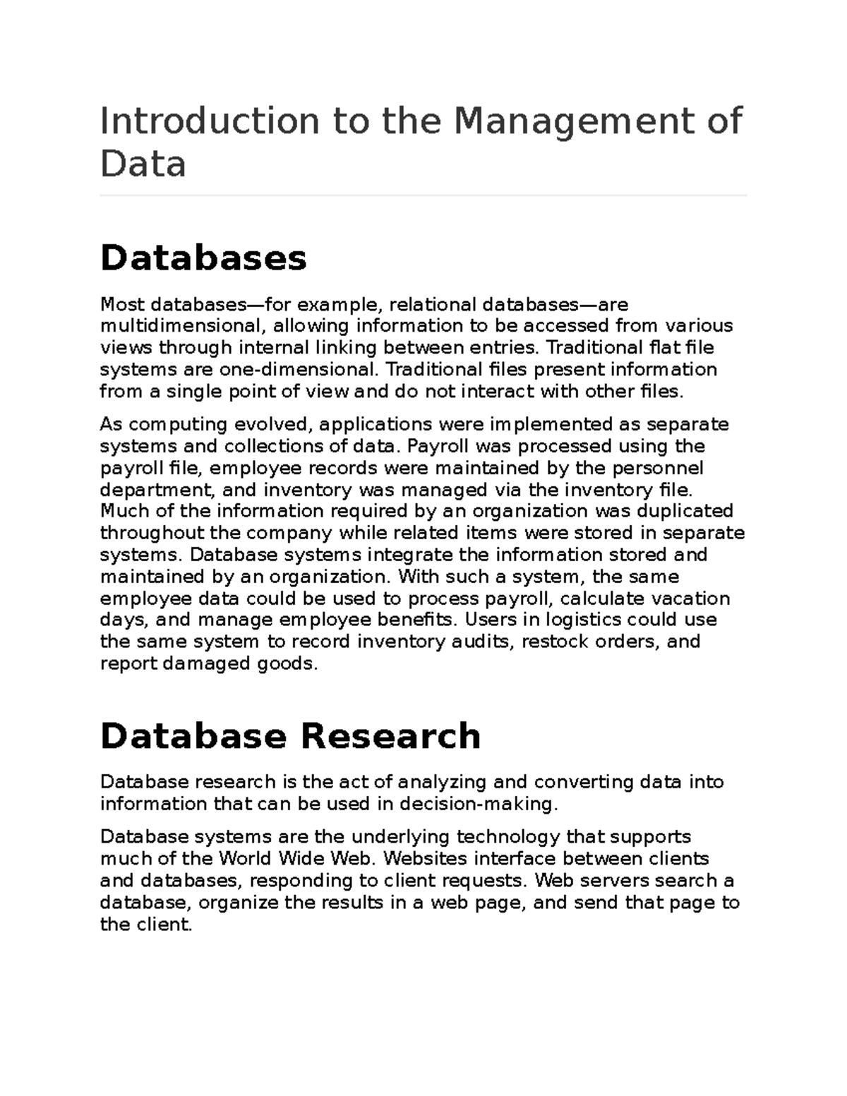 Module 18 Ntroduction TO THE Management OF DATA - Introduction to the ...