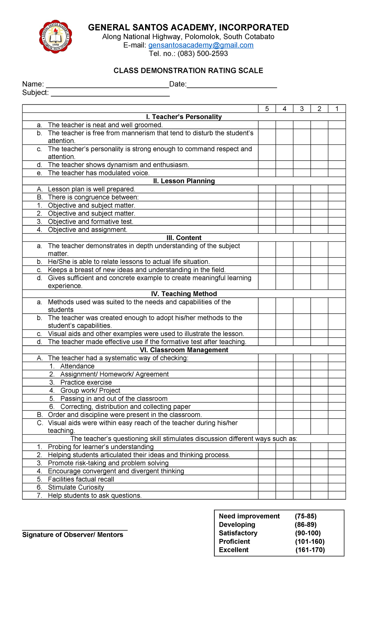 Rating-sheet - sheet - GENERAL SANTOS ACADEMY, INCORPORATED Along ...