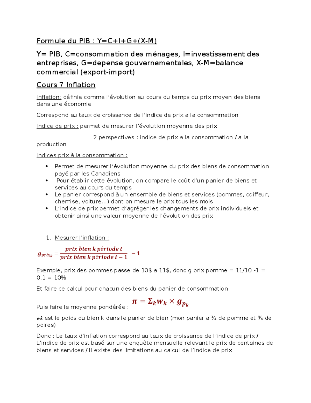 Note pour finale (7-11) - Formule du PIB : Y=C+I+G+(X-M) Y= PIB, C ...