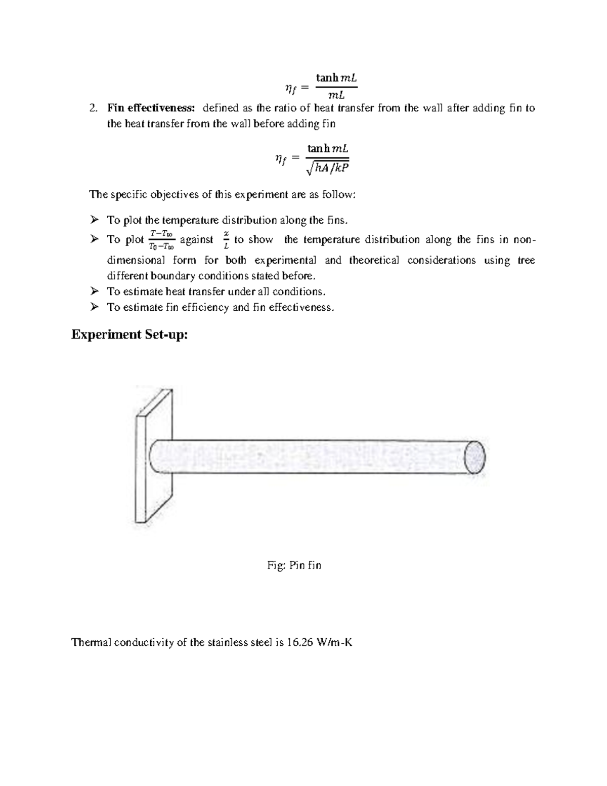 0912 Measurement of Thermal Conductivity of a Metal (Brass) Bar 𝜂𝑓 = tanh 𝑚𝐿 𝑚𝐿 Fin Studocu