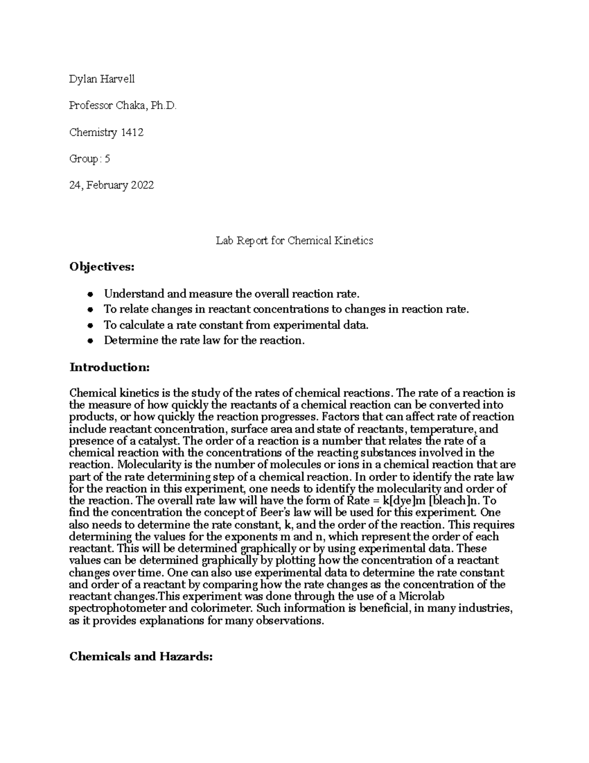 Lab Report for Chemical Dylan Harvell Dylan Harvell