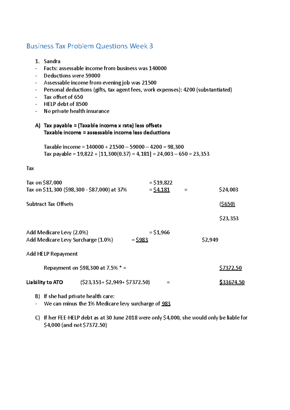 Business Tax Problem Questions Week 3 Sandra Facts assessable