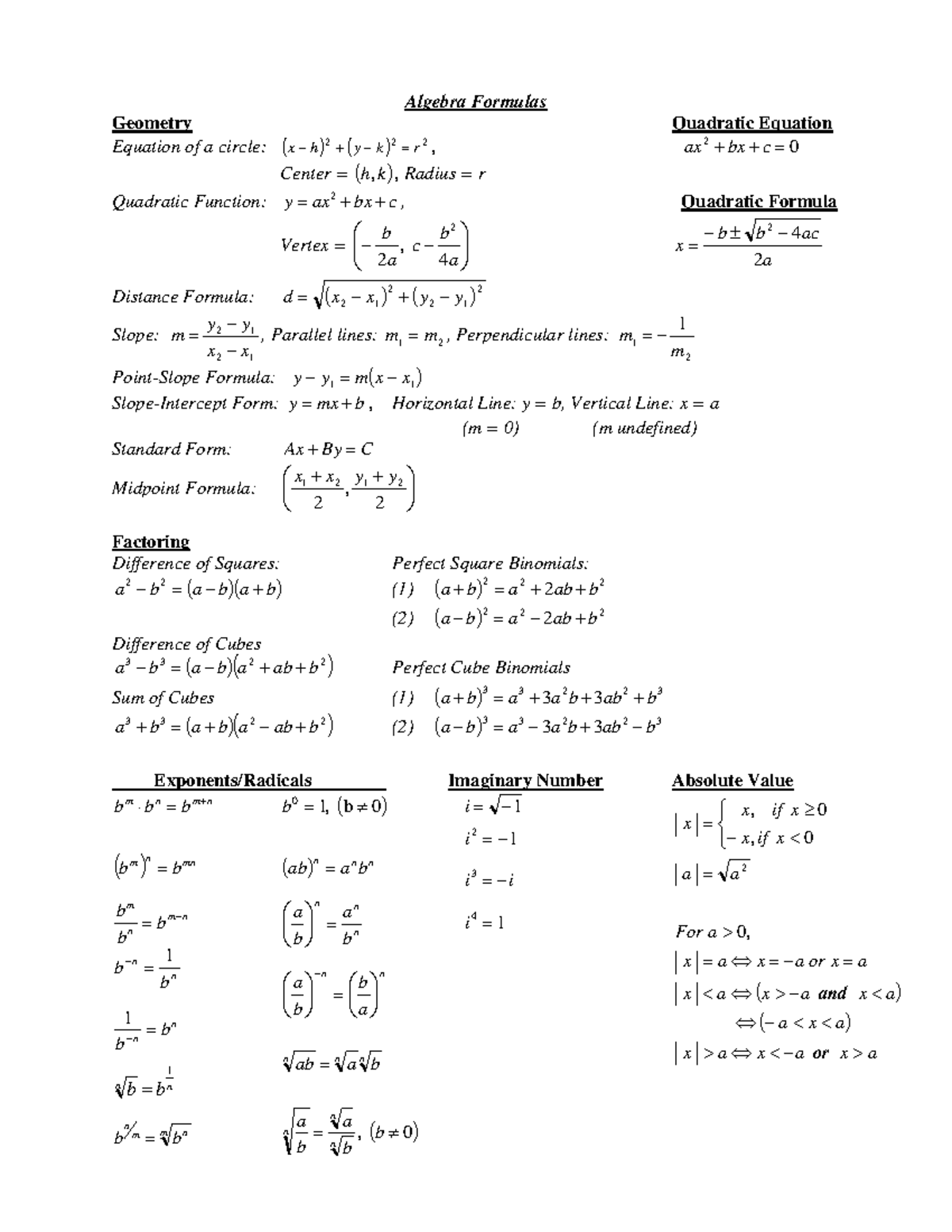 Algebra Formulas - This is just a cheat sheet I used to use. - Algebra ...