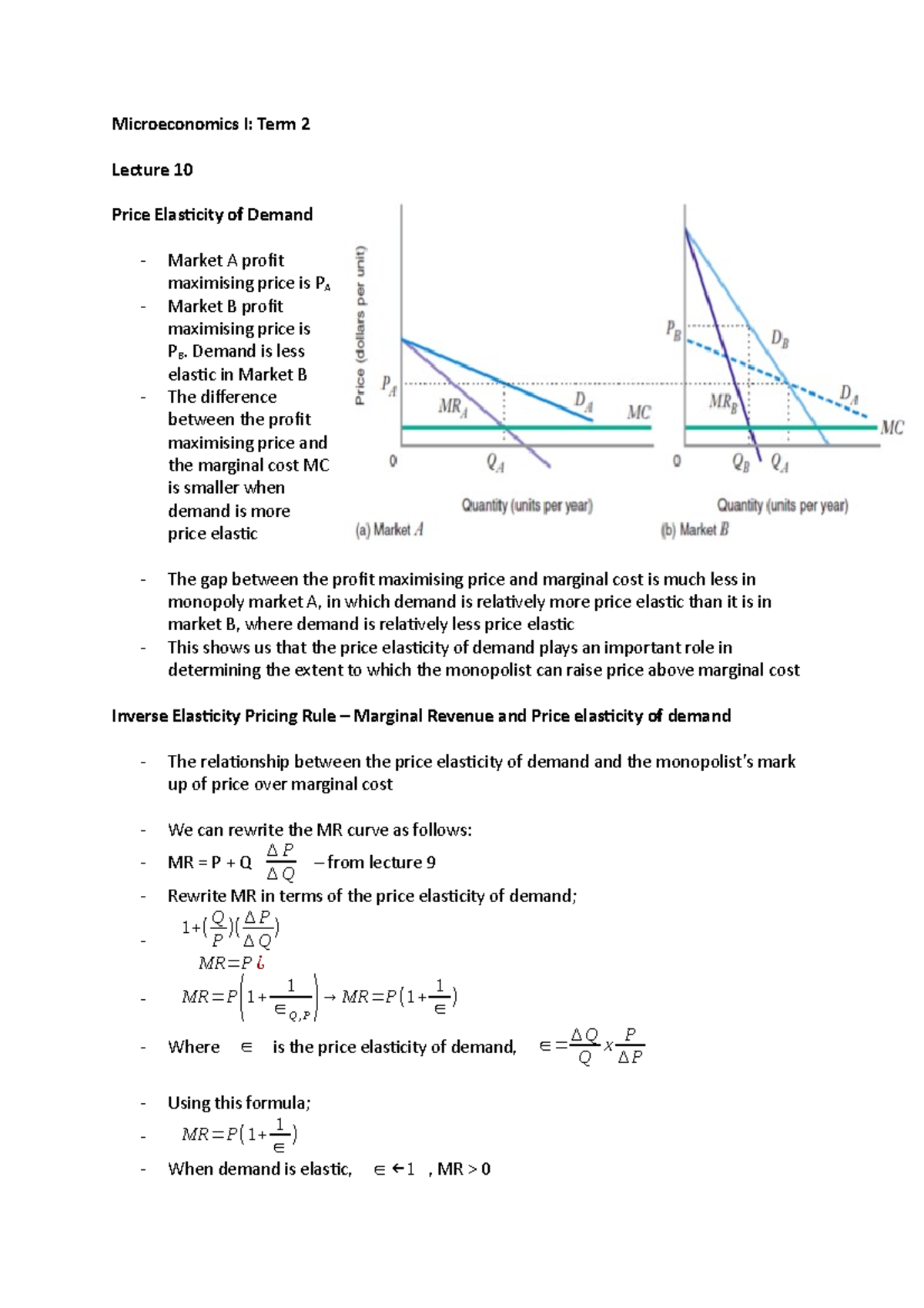 Lecture 10 - Microeconomics I: Term 2 Lecture 10 Price Elasicity of ...