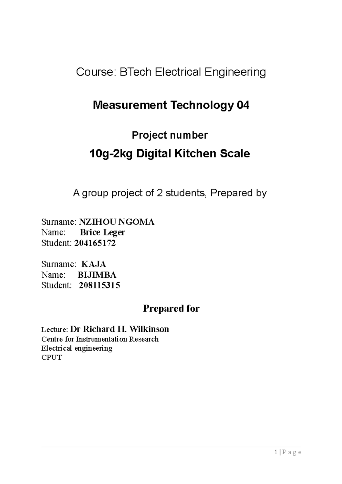 Course project - Course: BTech Electrical Engineering Measurement ...
