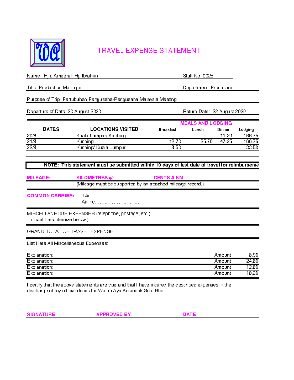 JOB 15 Packet 2 - Travel 1 - TRAVEL EXPENSE STATEMENT Staff No: 0025 ...