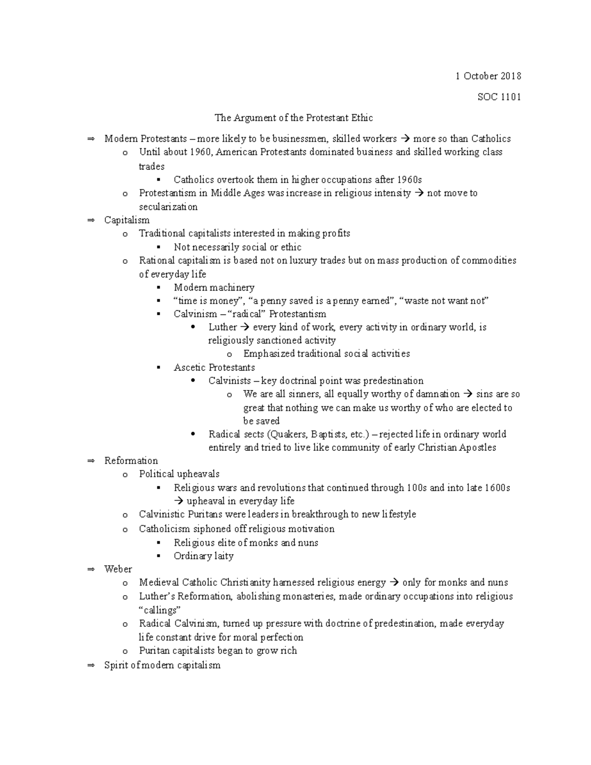The Argument of the Protestant Ethic - 1 October 2018 SOC 1101 The ...