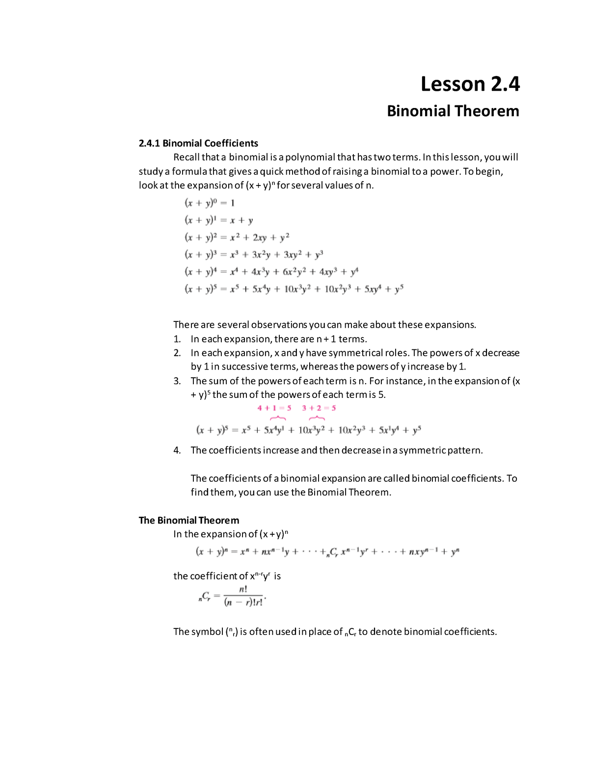 Week 009 Binomial Theorem - Lesson 2. Binomial Theorem 2.4 Binomial ...