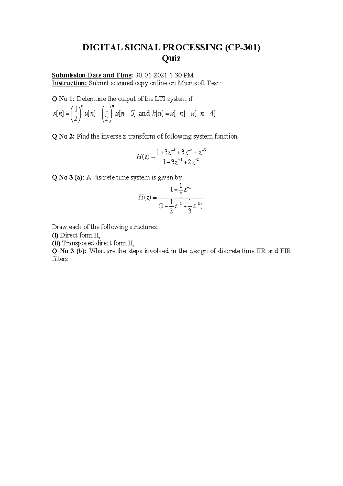 DSP Quiz SIR MAJID DIGITAL SIGNAL PROCESSING (CP301) Quiz