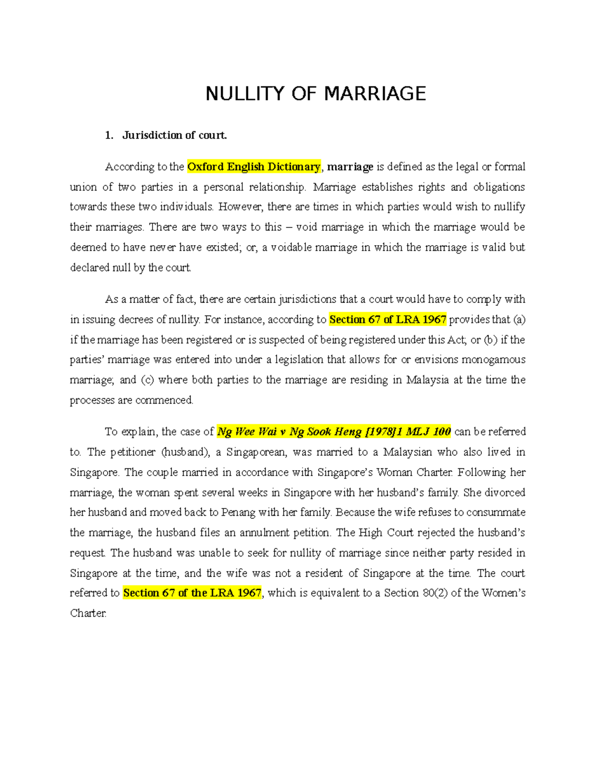 Nullity OF Marriage - Notes - NULLITY OF MARRIAGE 1. Jurisdiction Of ...