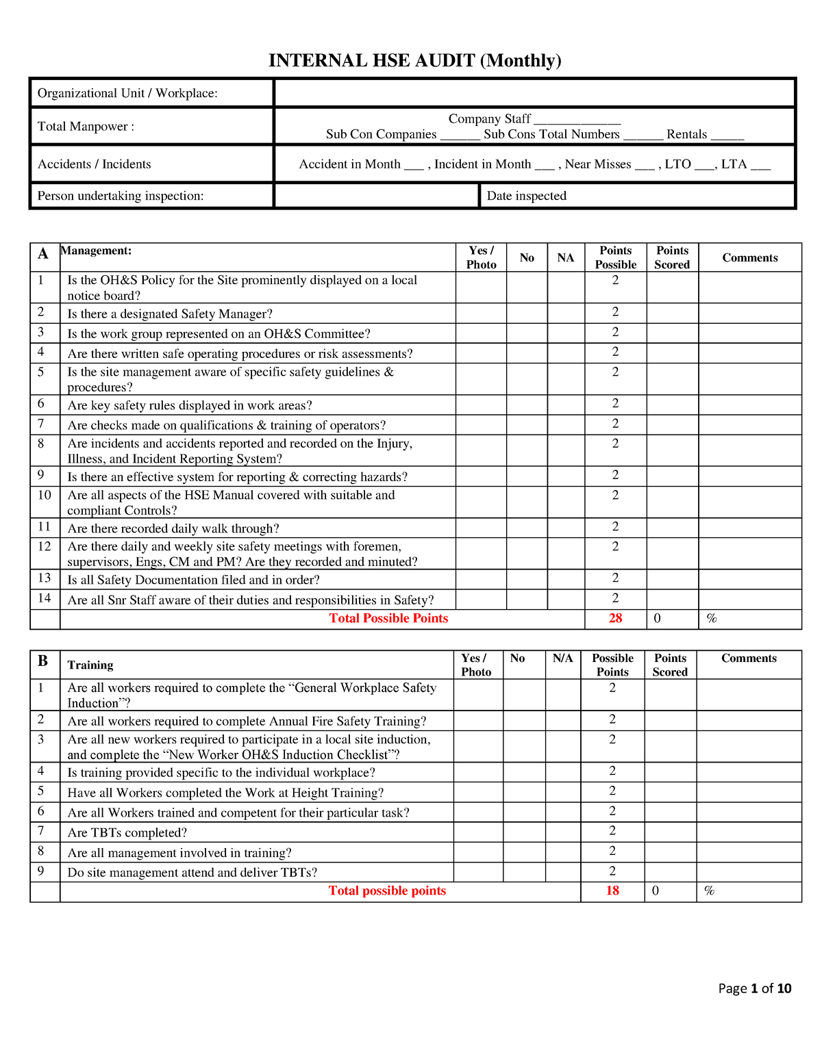 Internal HSE Audit (Monthly) - INTERNAL HSE AUDIT (Monthly ...